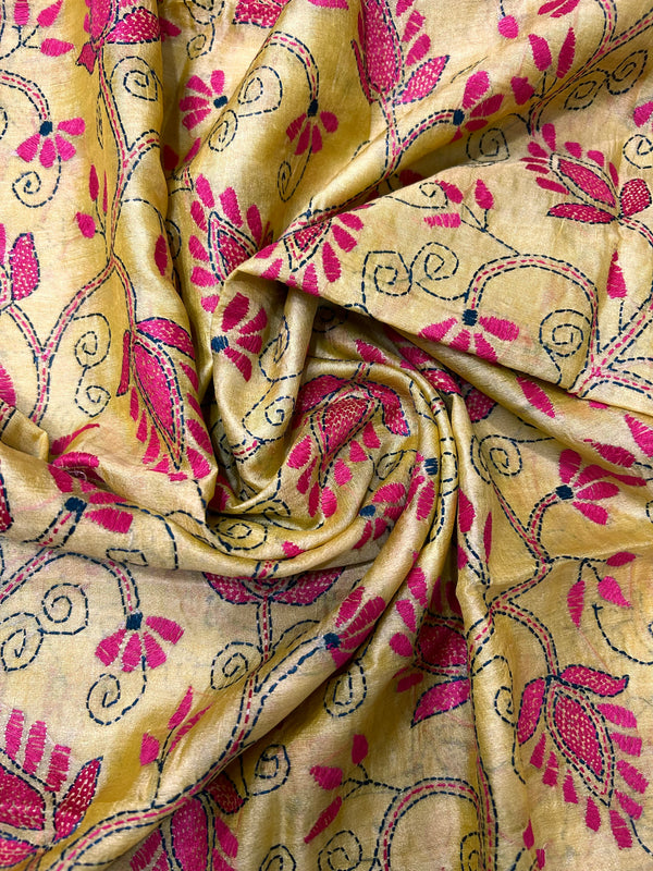 Hand Embroidered Silk Kantha Dupatta - Yellow