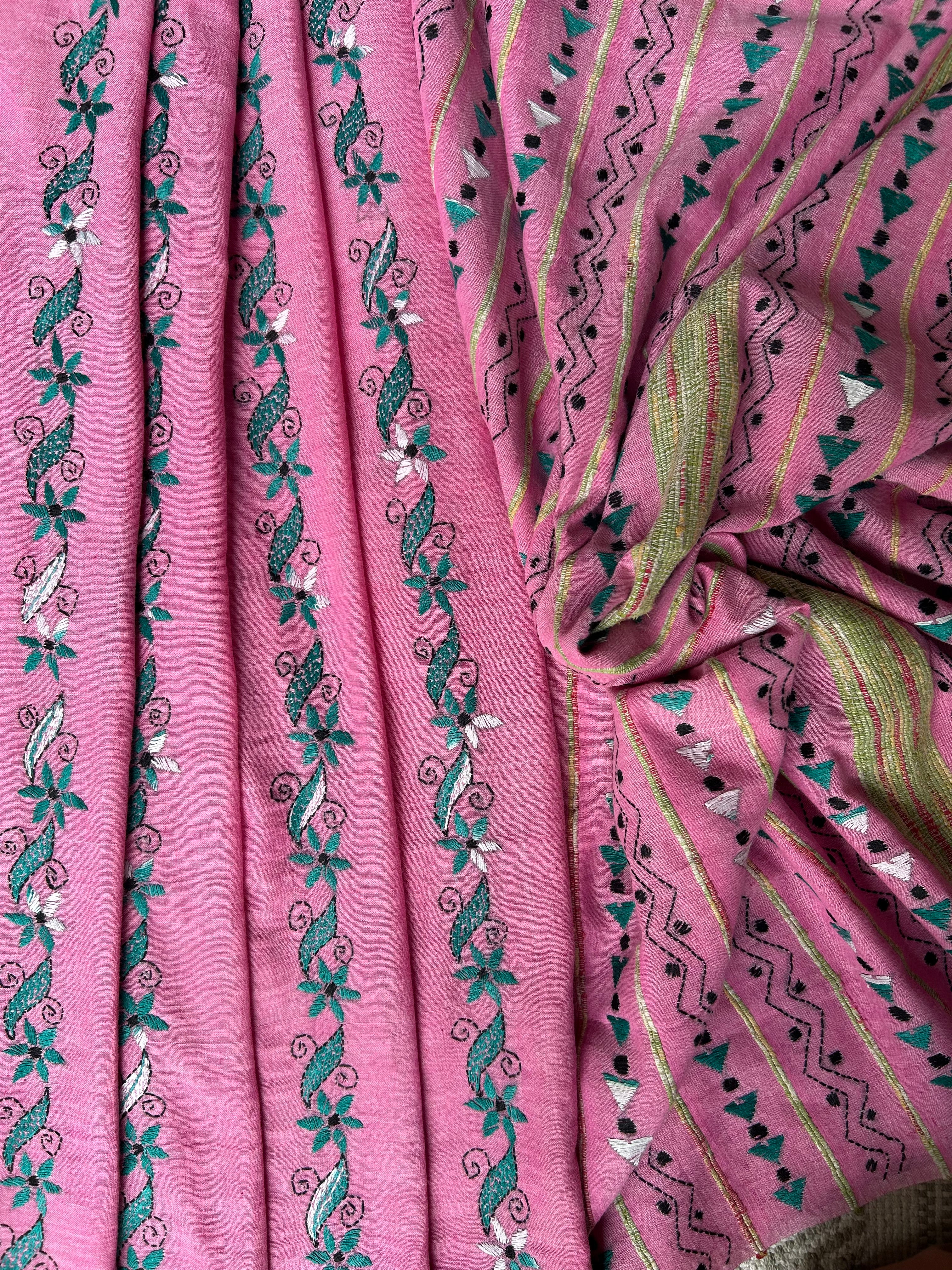 Vipas: Cotton Handloom Saree with Kantha Embroidery
