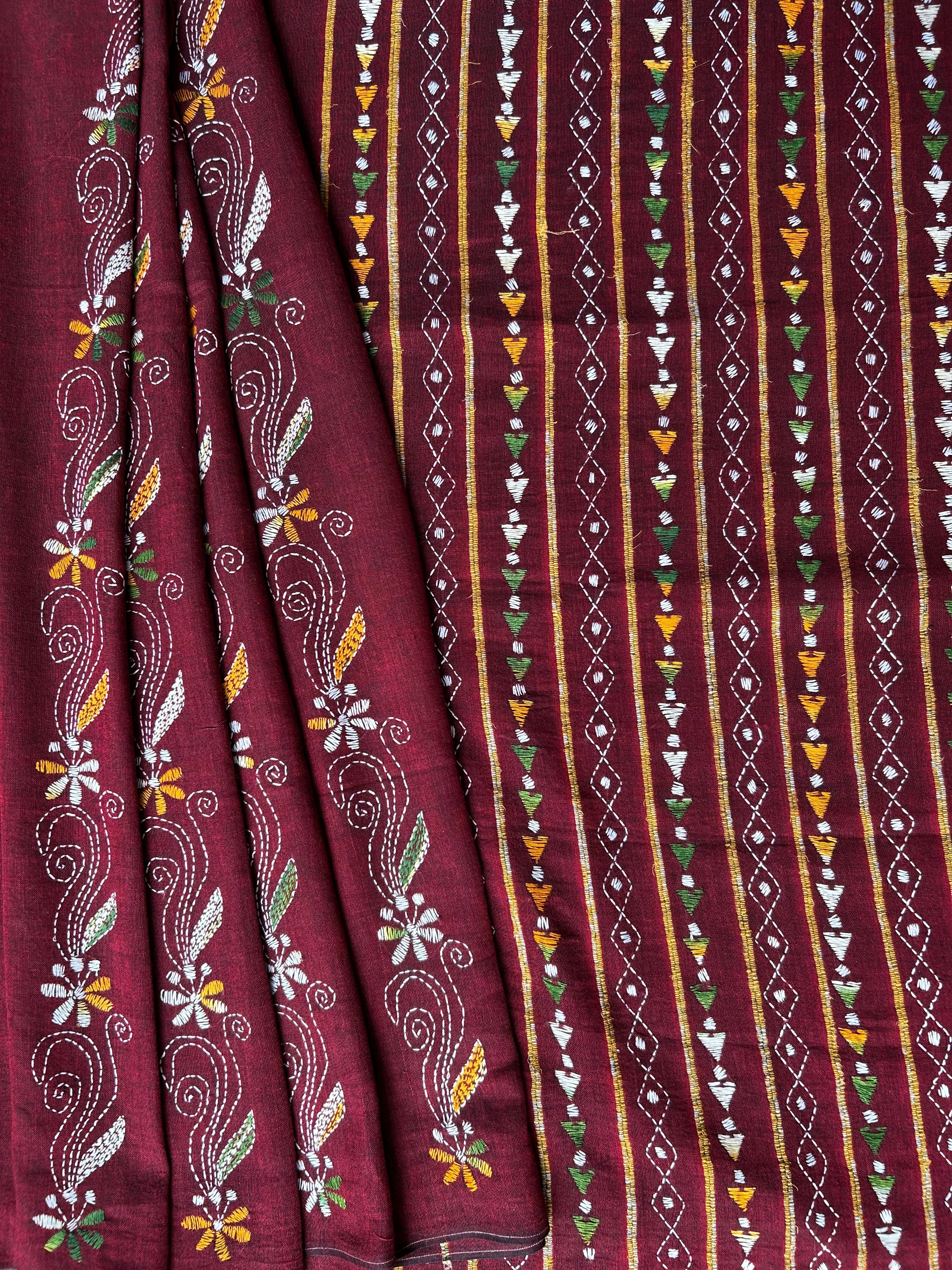 Vipas: Cotton Handloom Saree with Kantha Embroidery