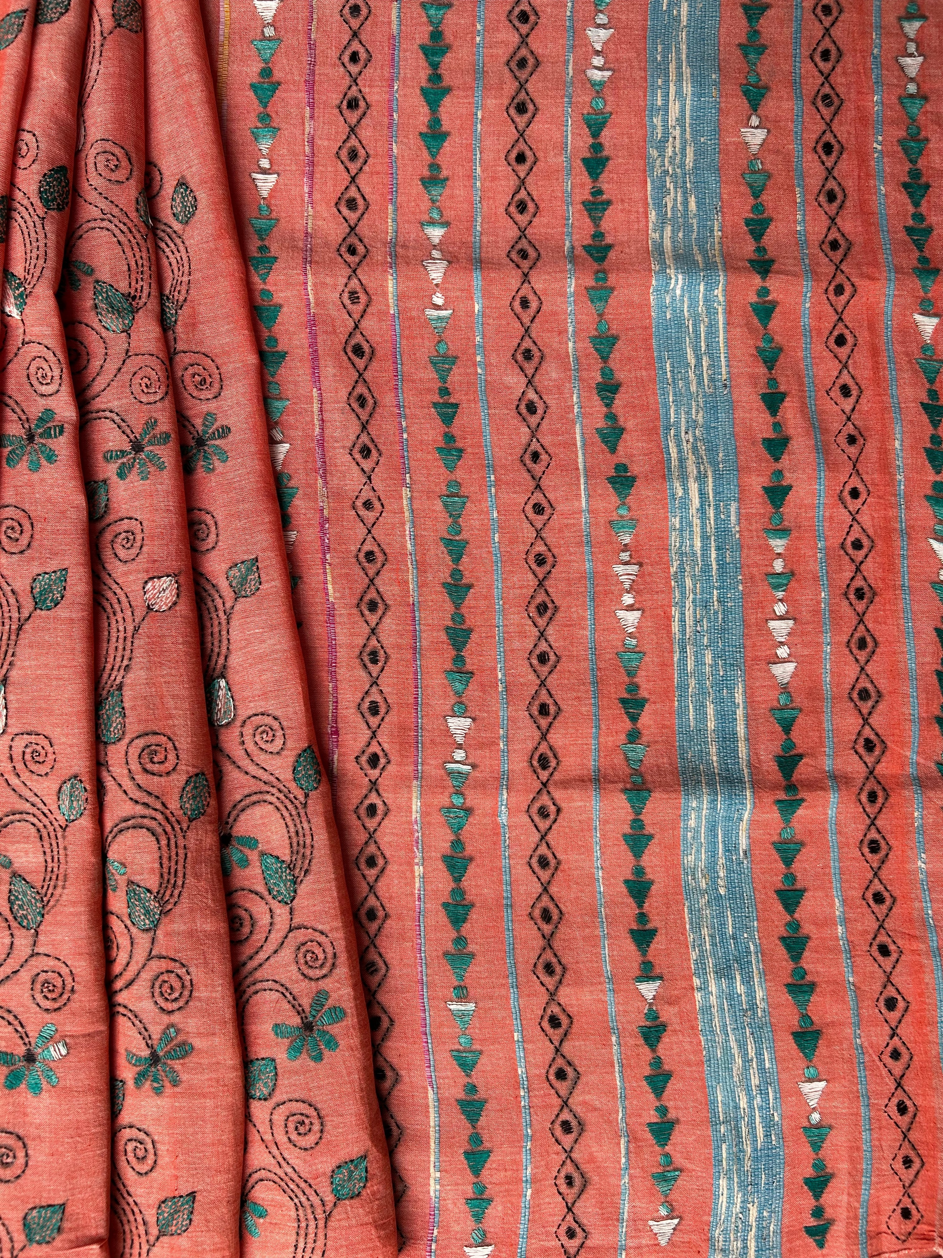 Vipas: Cotton Handloom Saree with Kantha Embroidery