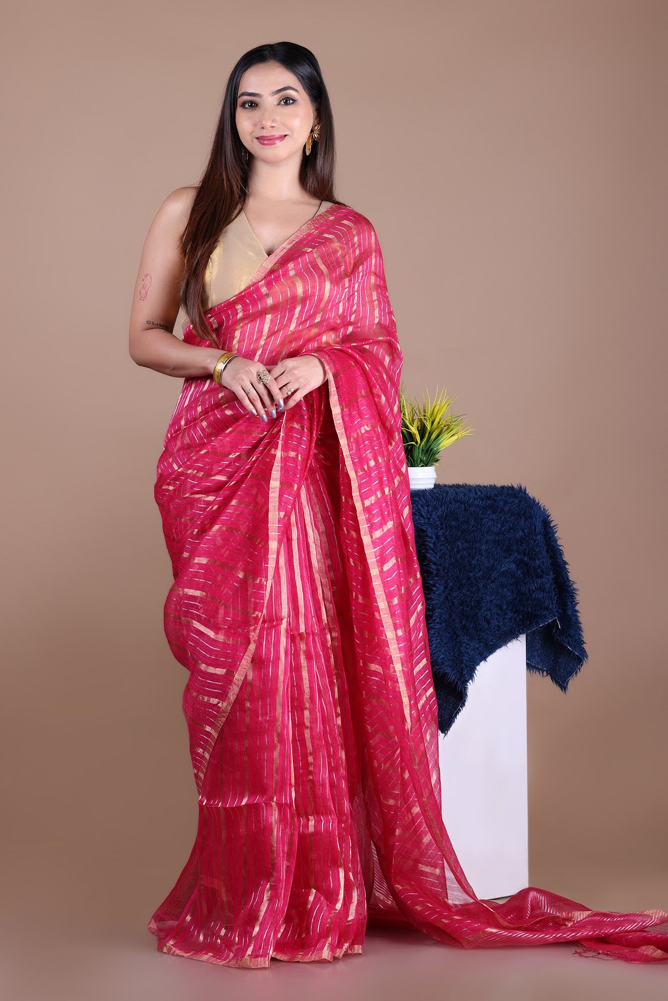 IRA - Linen silk saree with silver golden Zari stripes Saree_Pink