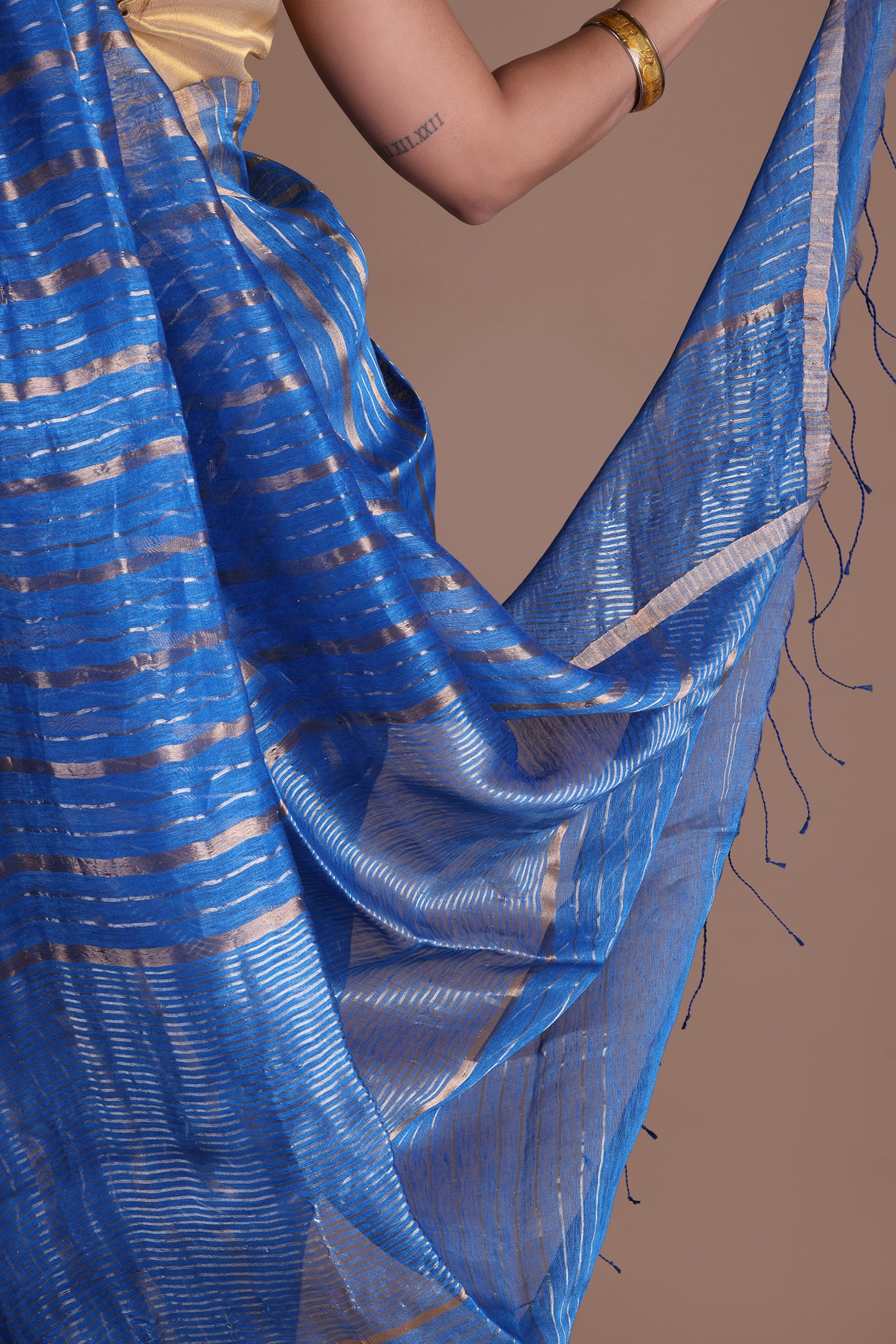 IRA - Linen silk saree with silver golden Zari stripes Saree_Blue
