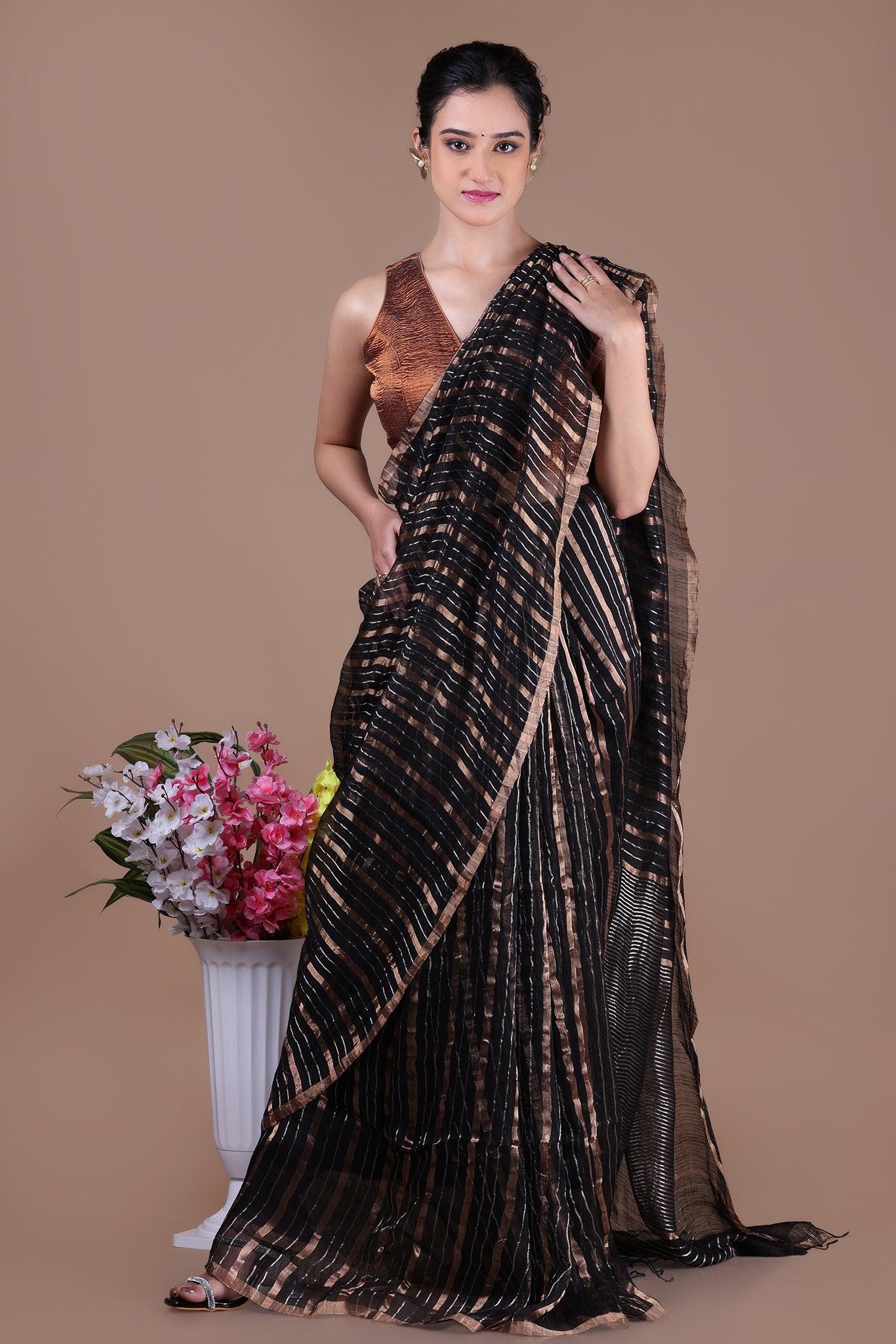 IRA - Linen silk saree with silver golden Zari stripes Saree_Black