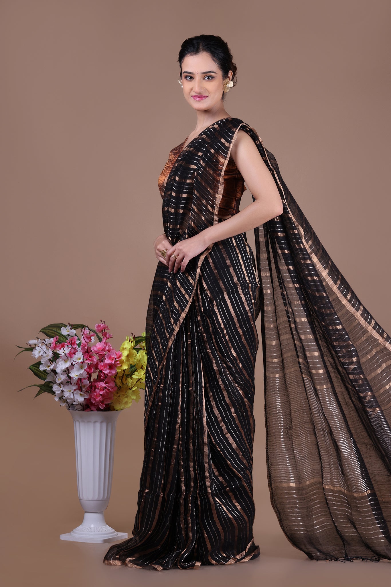 IRA - Linen silk saree with silver golden Zari stripes Saree_Black