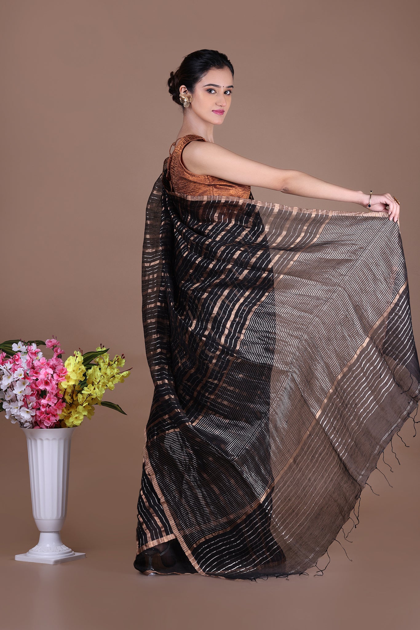 IRA - Linen silk saree with silver golden Zari stripes Saree_Black