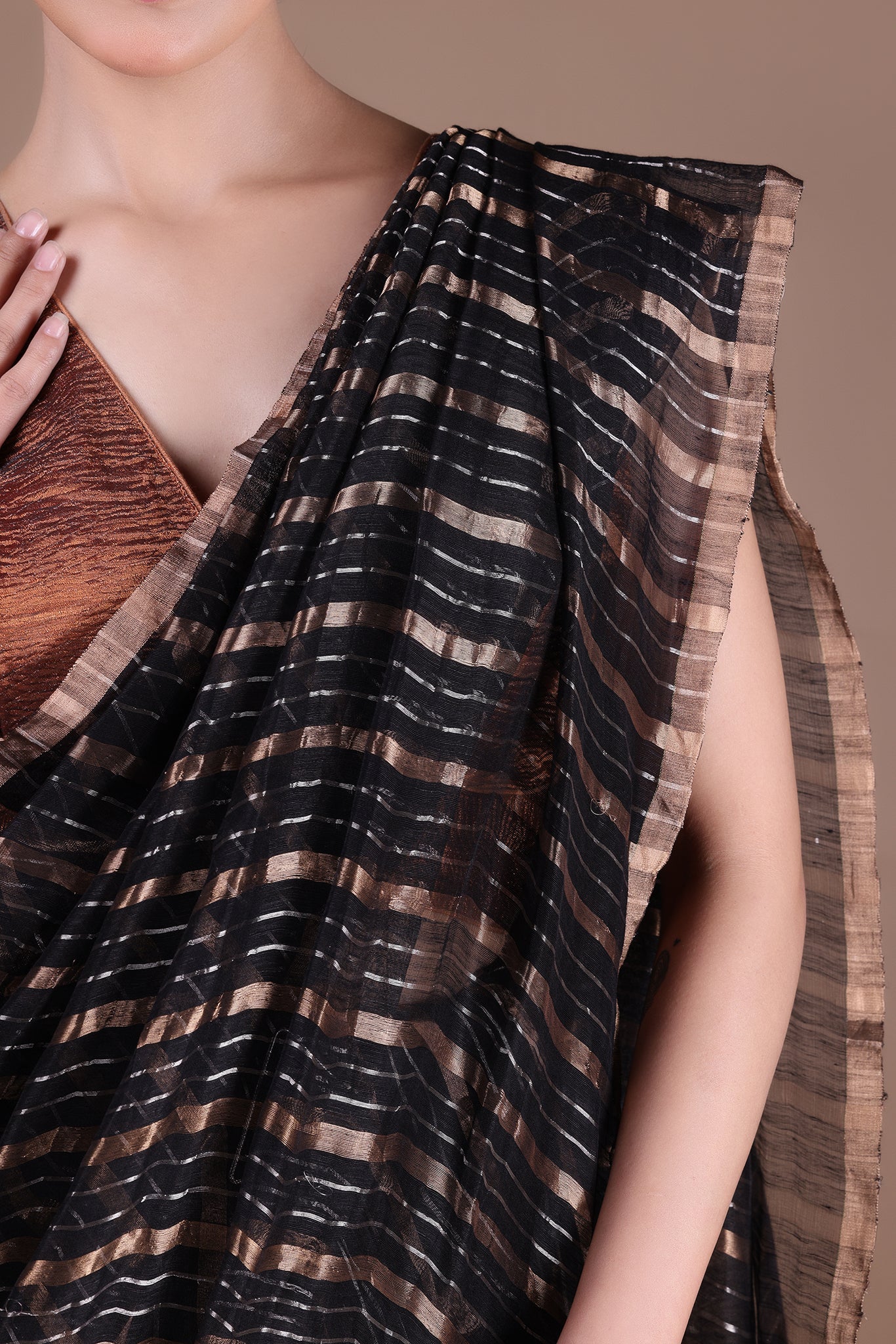 IRA - Linen silk saree with silver golden Zari stripes Saree_Black