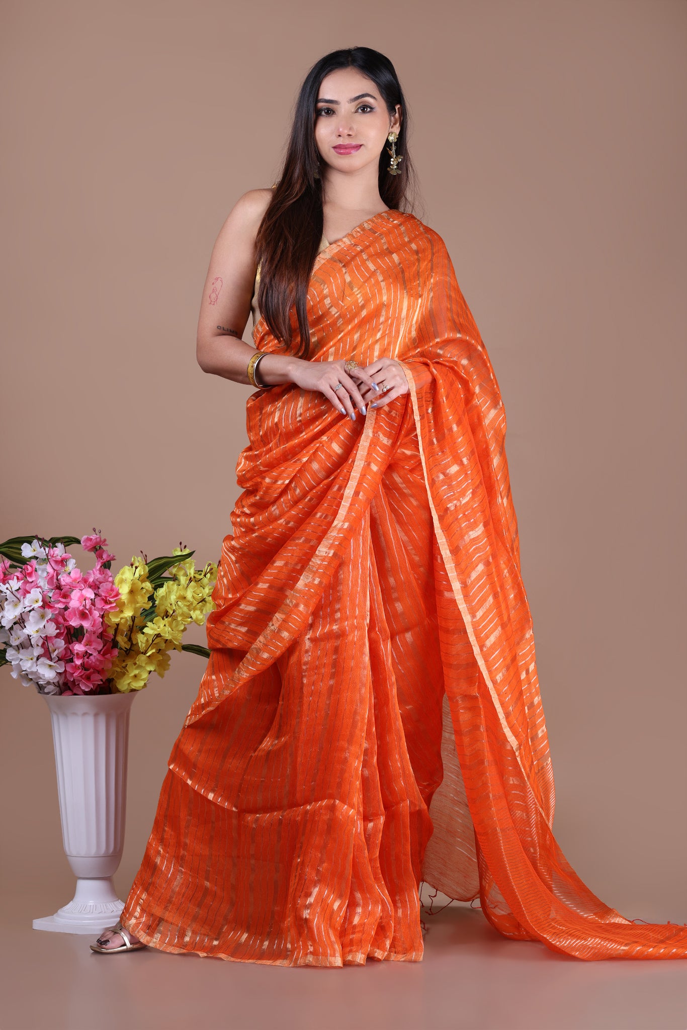 IRA - Linen silk saree with silver golden Zari stripes Saree_Orange