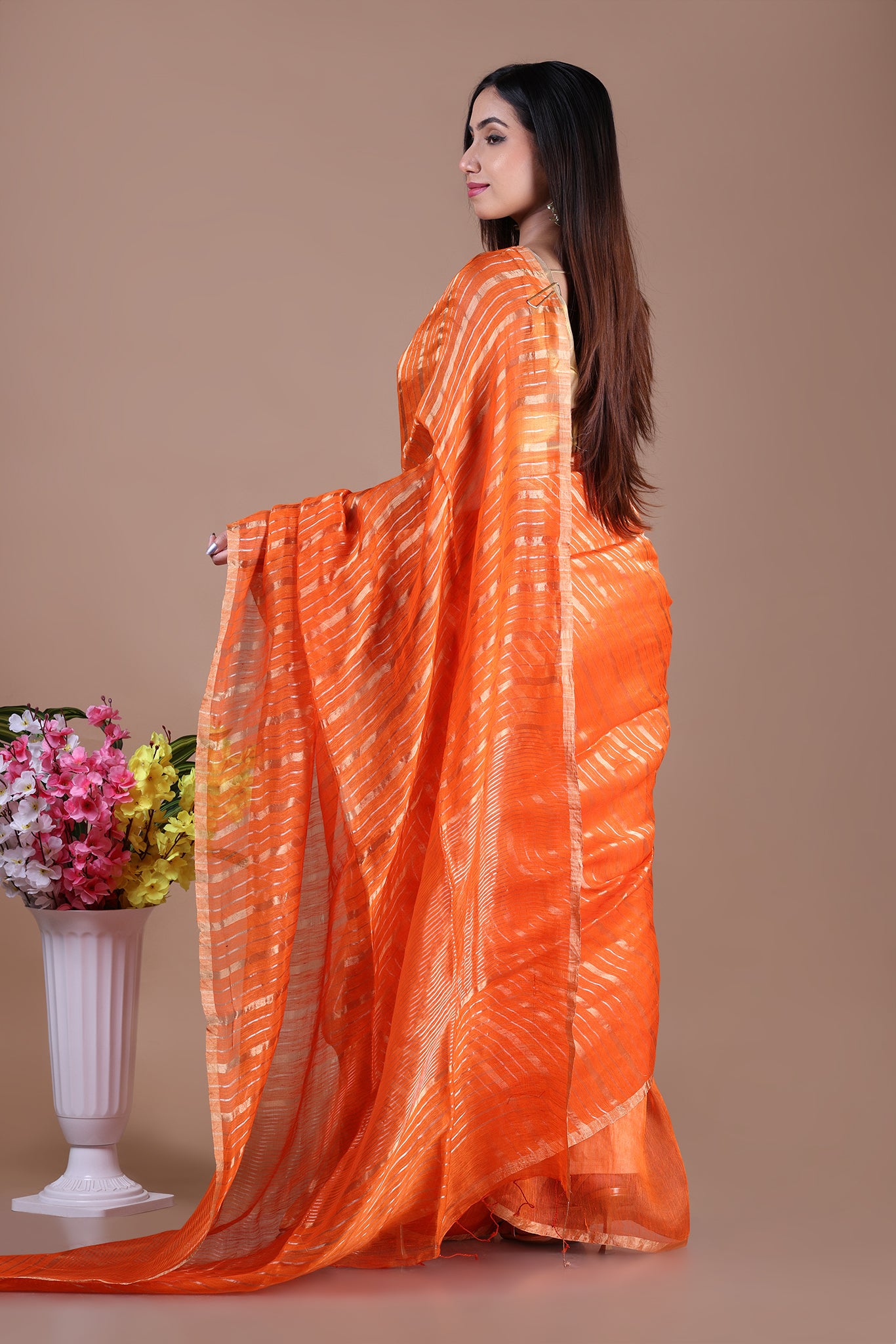 IRA - Linen silk saree with silver golden Zari stripes Saree_Orange