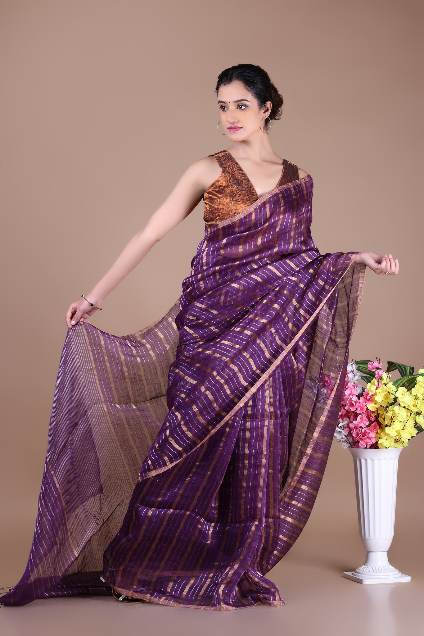 IRA - Linen silk saree with silver golden Zari stripes Saree_Purple