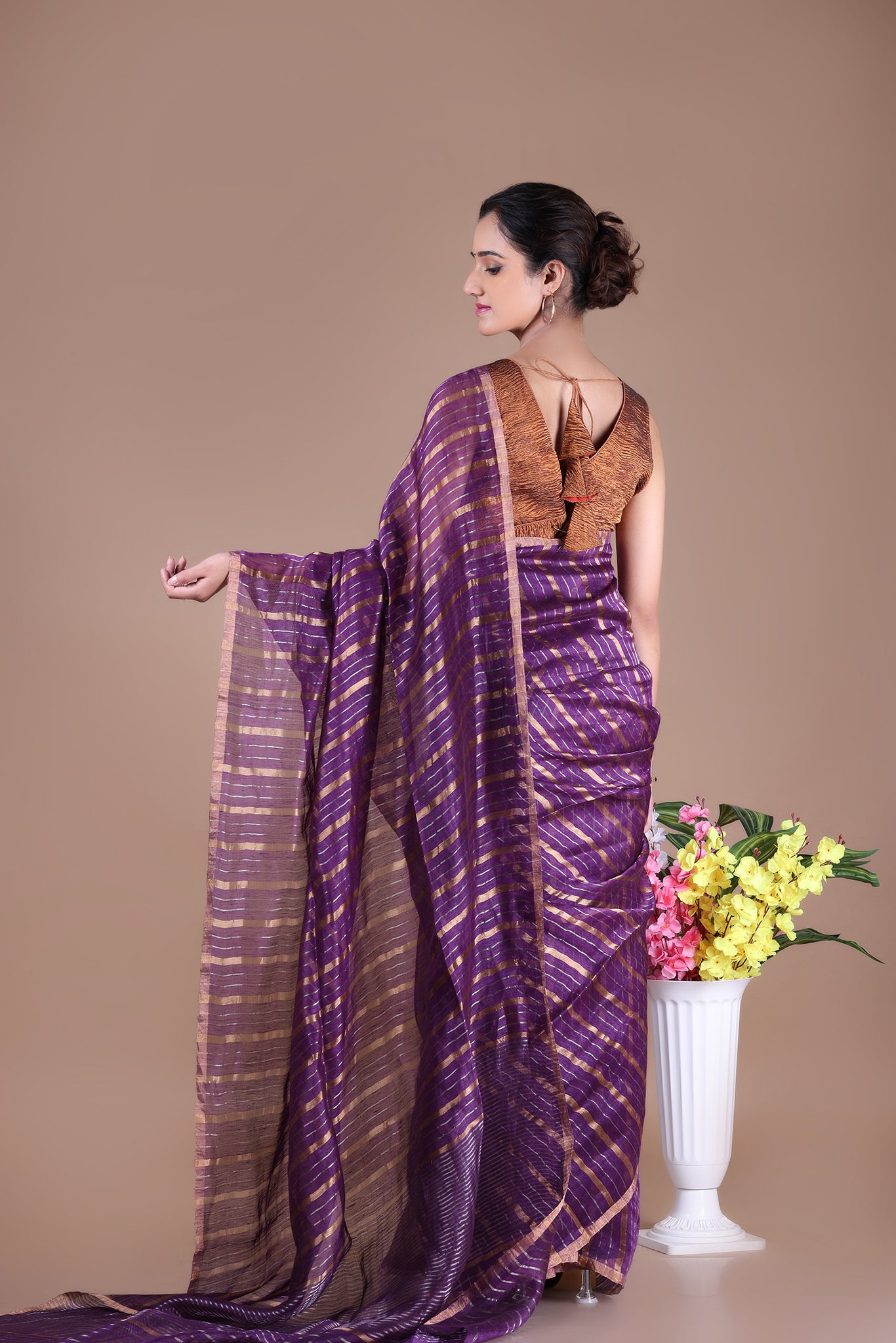 IRA - Linen silk saree with silver golden Zari stripes Saree_Purple