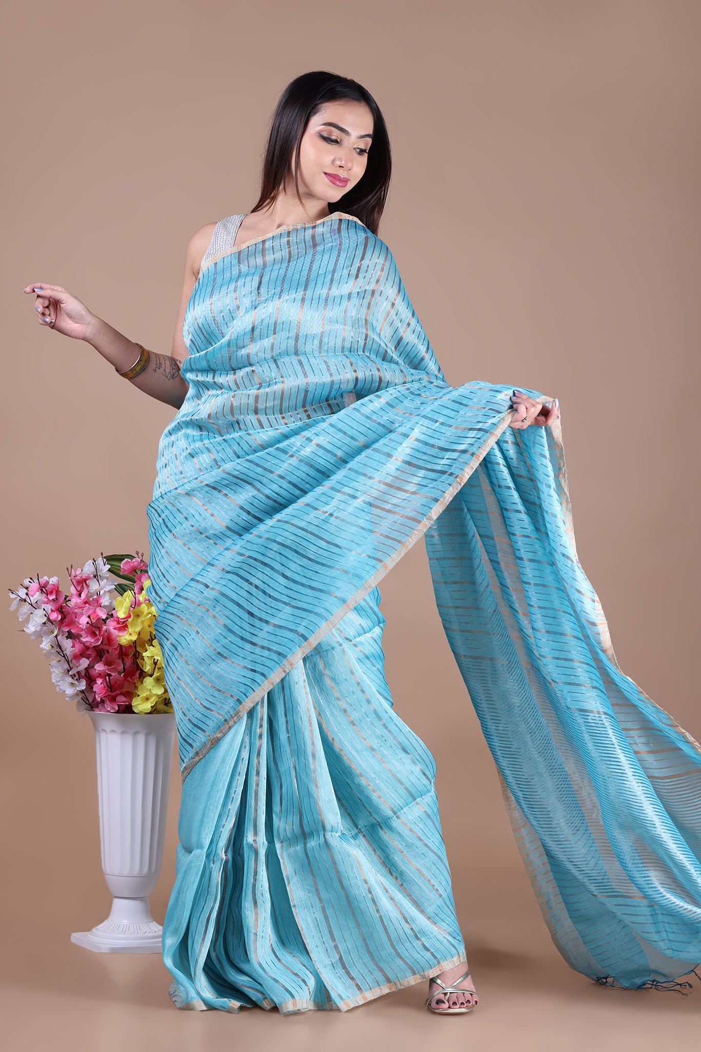 IRA - Linen silk saree with silver golden Zari stripes Saree_Light Blue