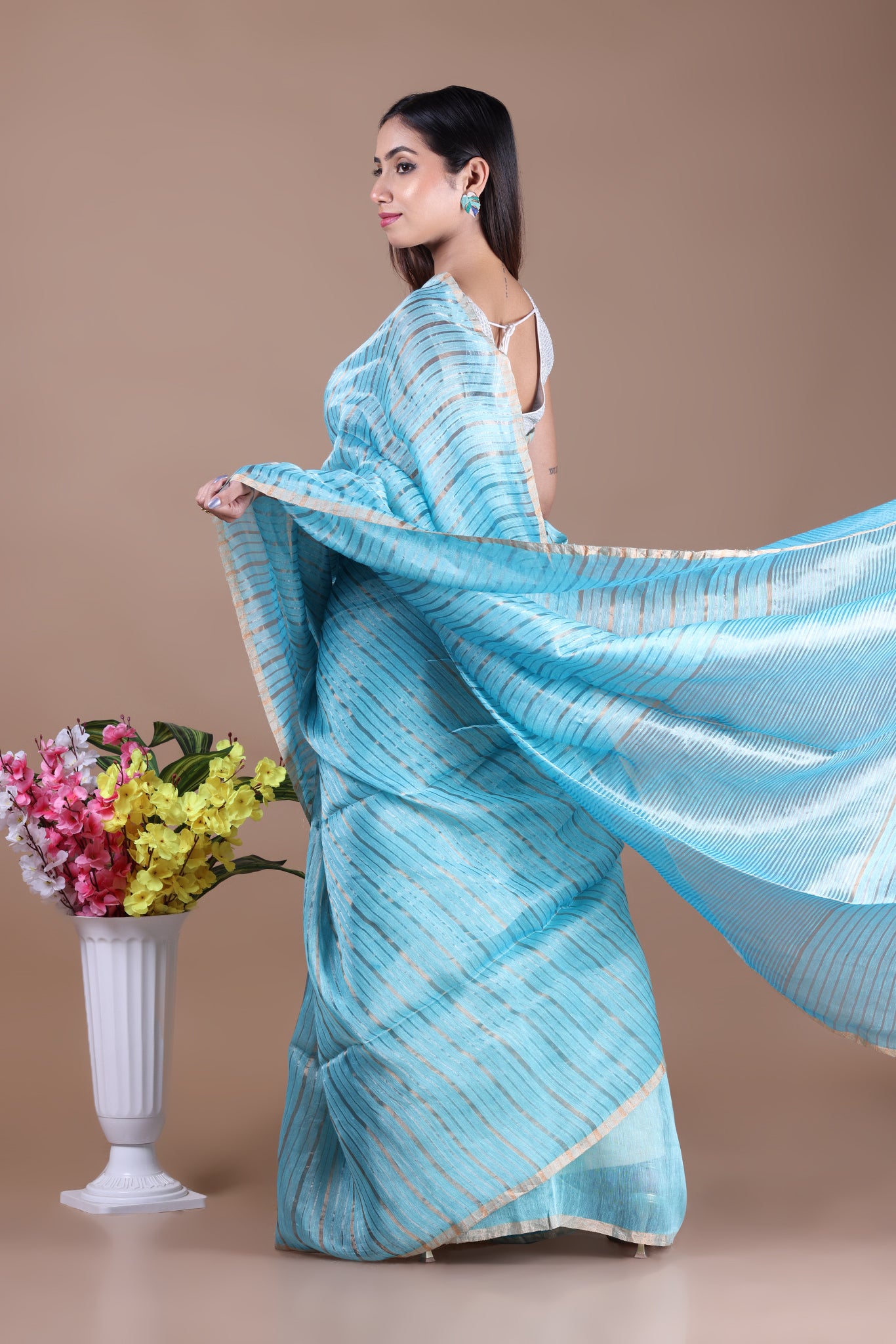 IRA - Linen silk saree with silver golden Zari stripes Saree_Light Blue