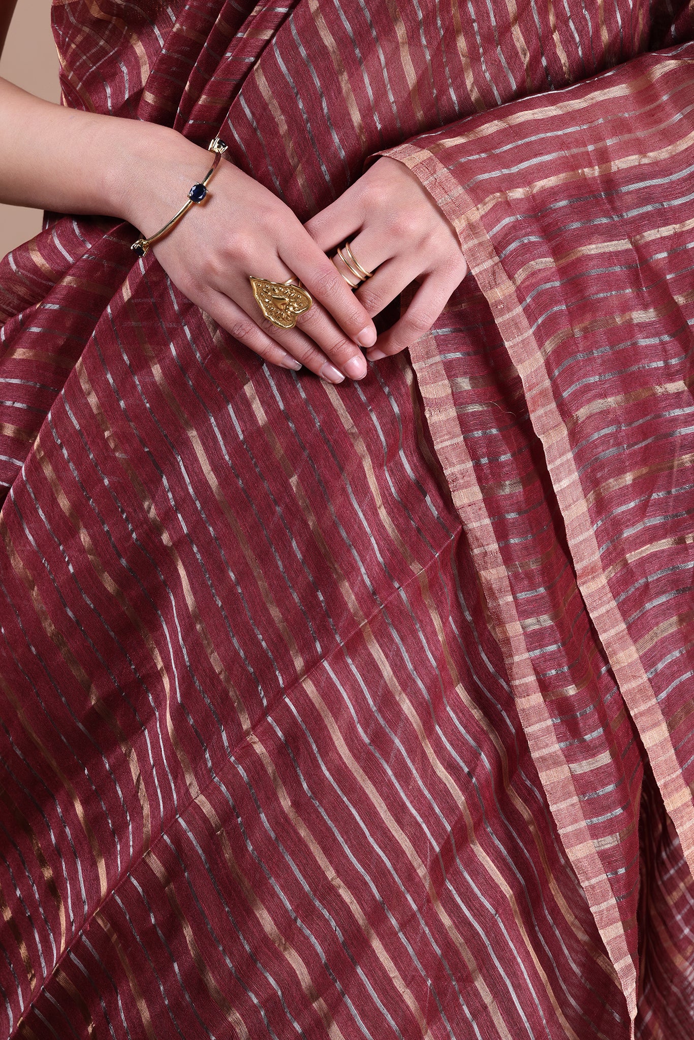IRA - Linen silk saree with silver golden Zari stripes Saree_ Coffee Brown