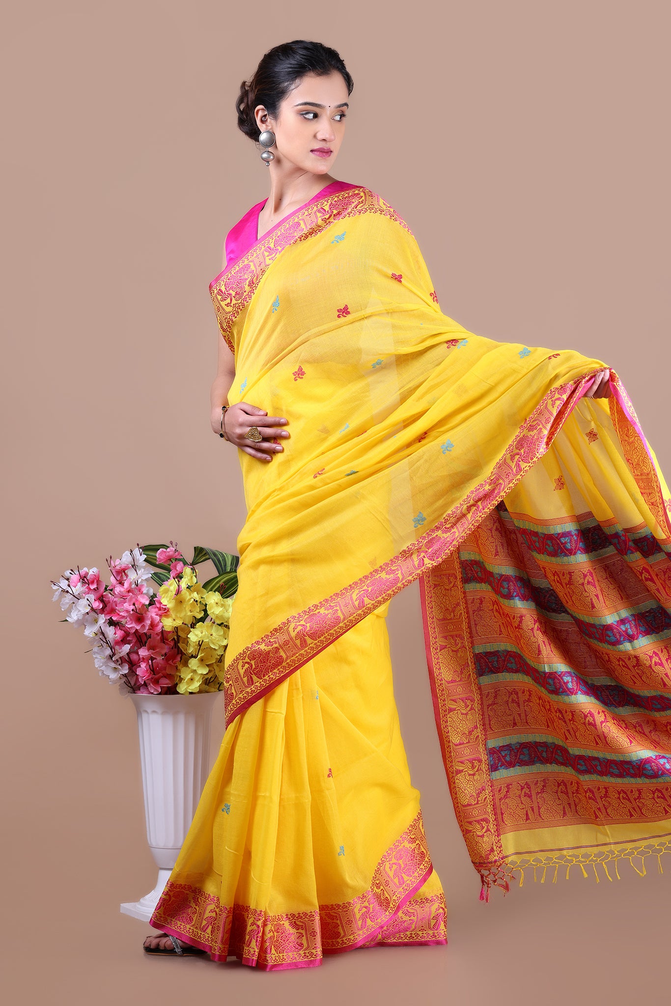 Bishnupadi: Premiun Cotton baluchari Saree_Bright Yellow