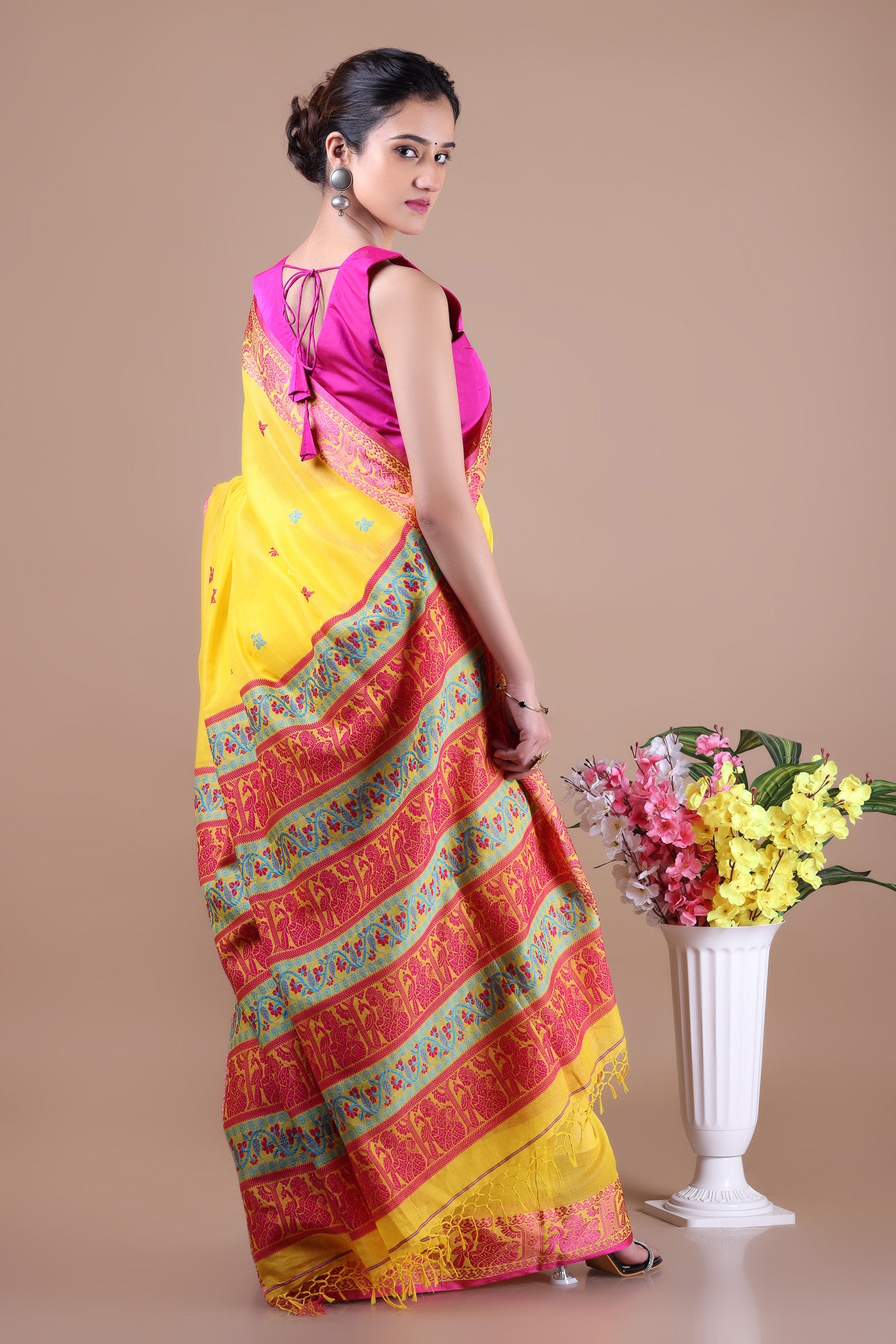 Bishnupadi: Premiun Cotton baluchari Saree_Bright Yellow