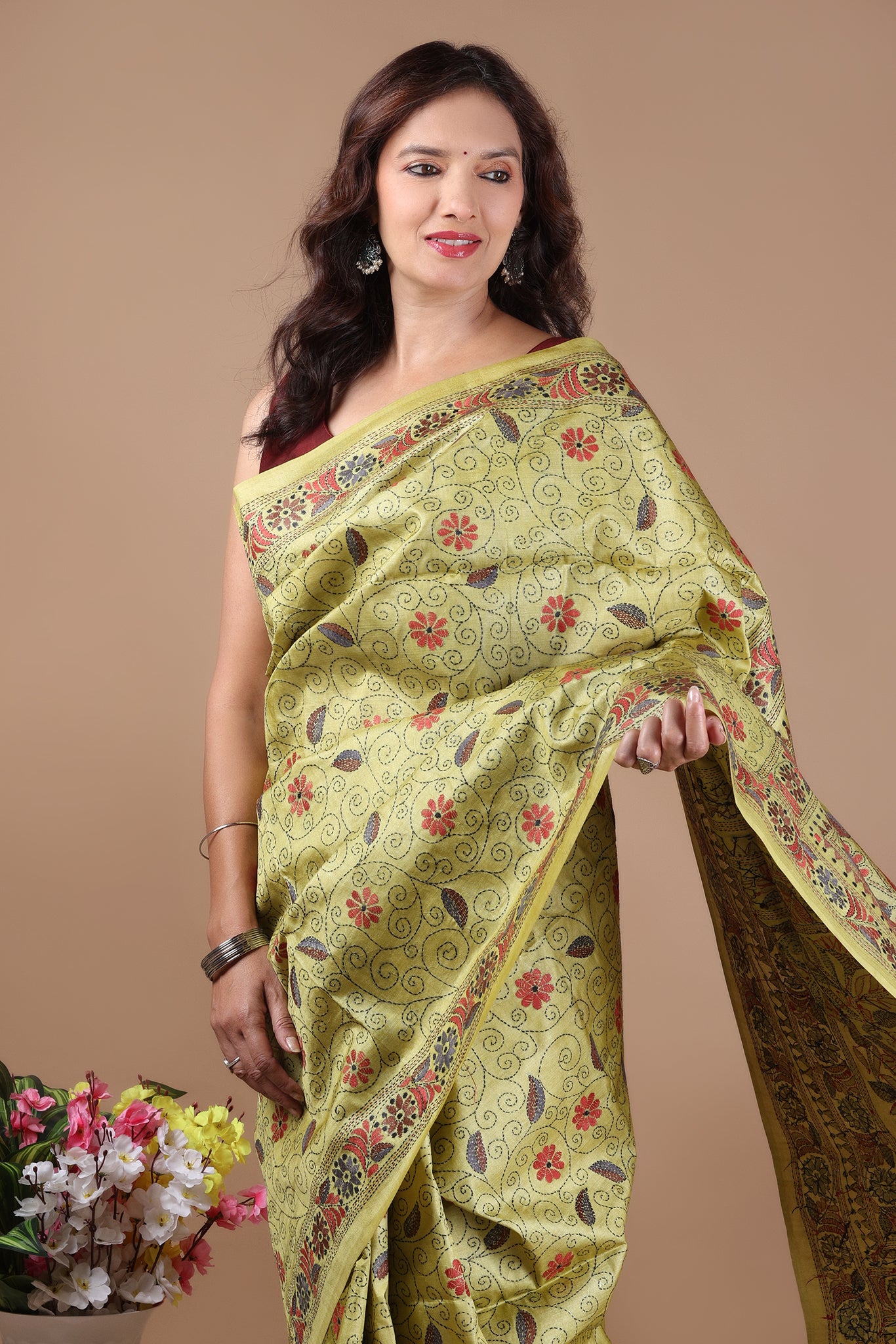 Rima - Pure Tusser Silk with allover Kantha Embroidery_yellow