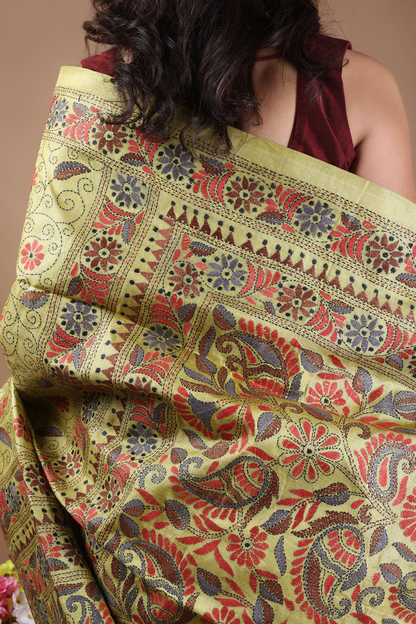 Rima - Pure Tusser Silk with allover Kantha Embroidery_yellow