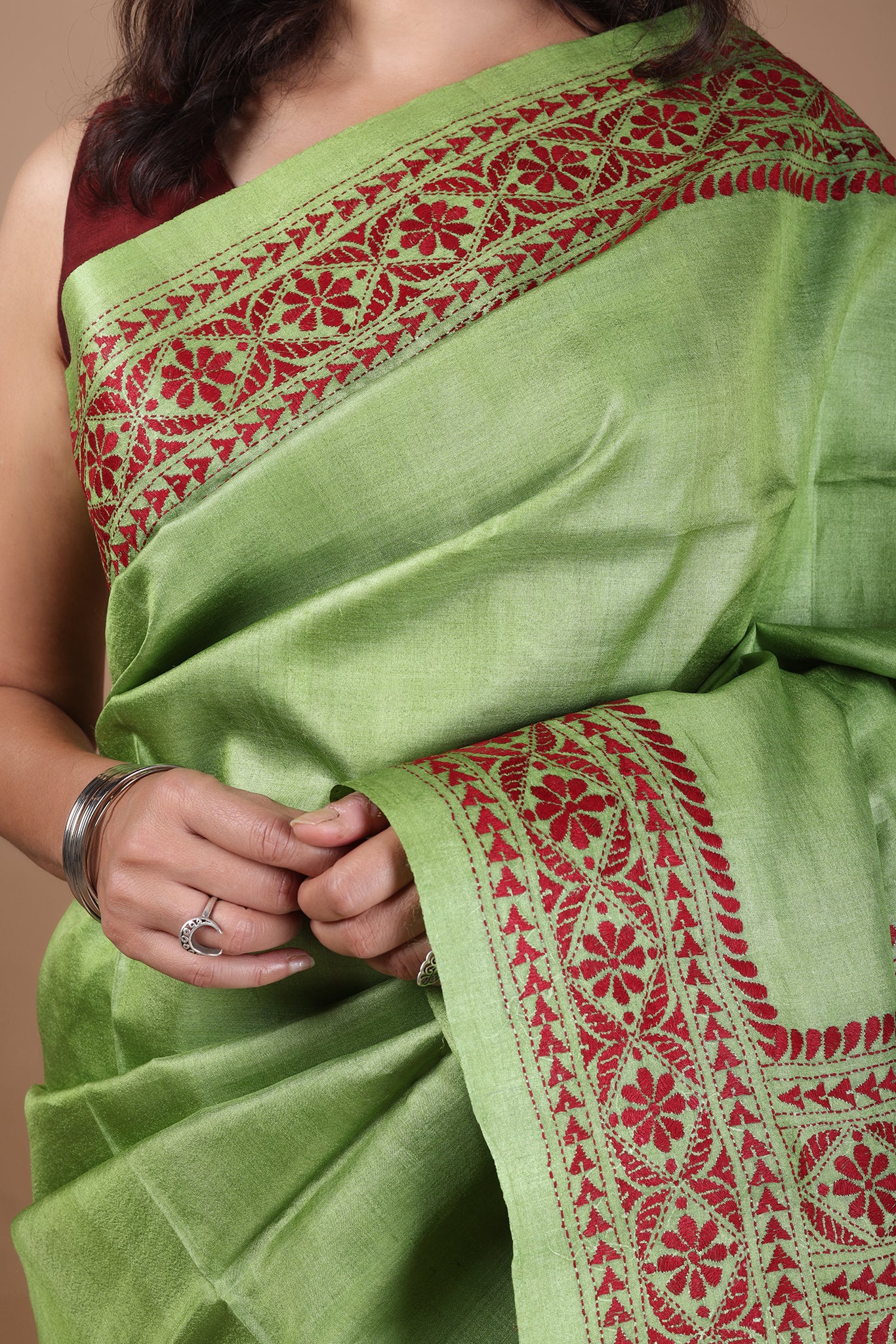 Rima - Pure Tusser Silk with allover Kantha Embroidery_Green