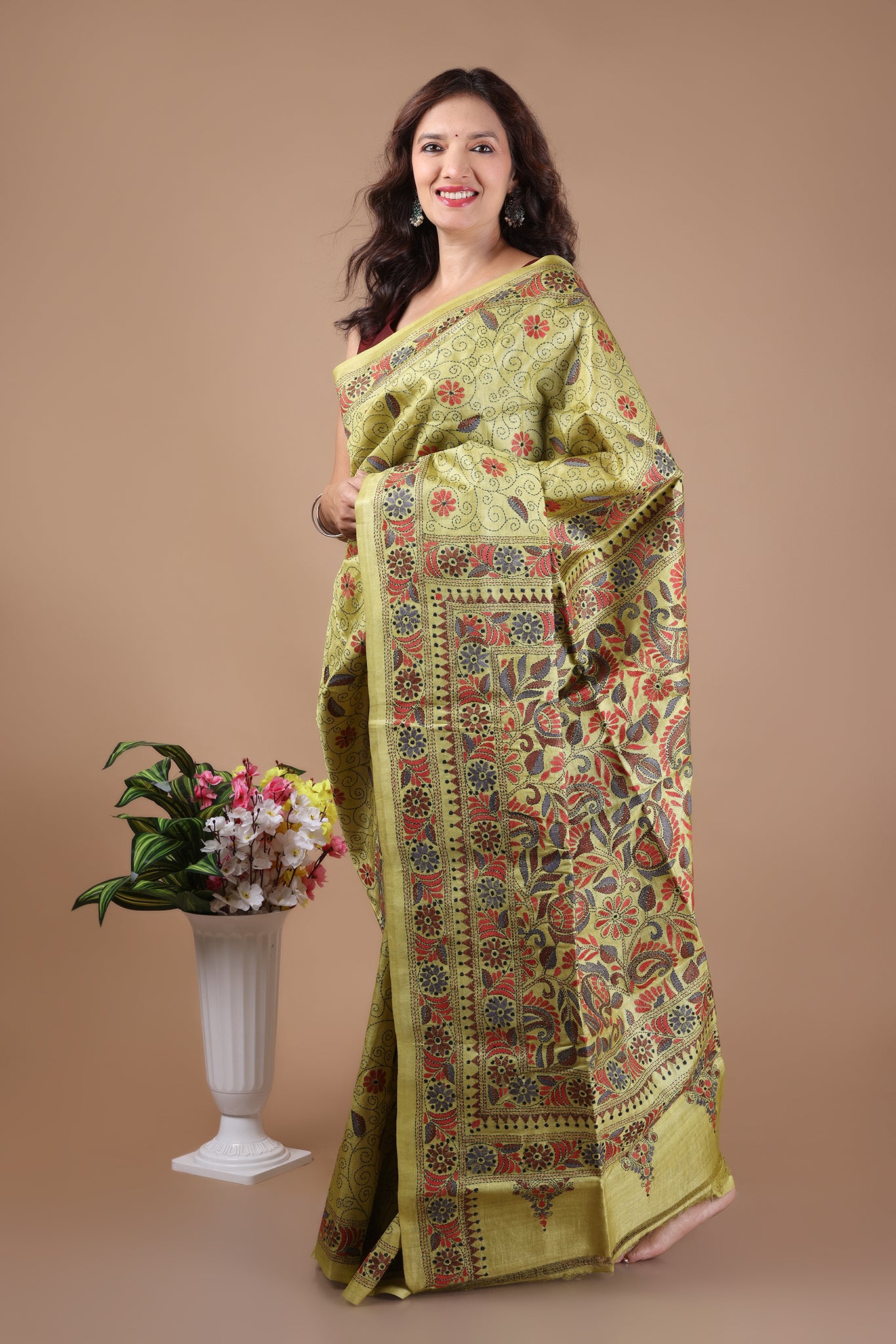 Rima - Pure Tusser Silk with allover Kantha Embroidery_yellow