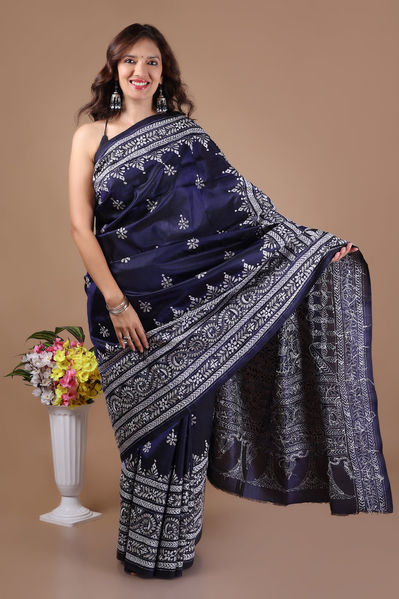 Rima - Pure Bangalore Silk Kantha Embroidery_Navy