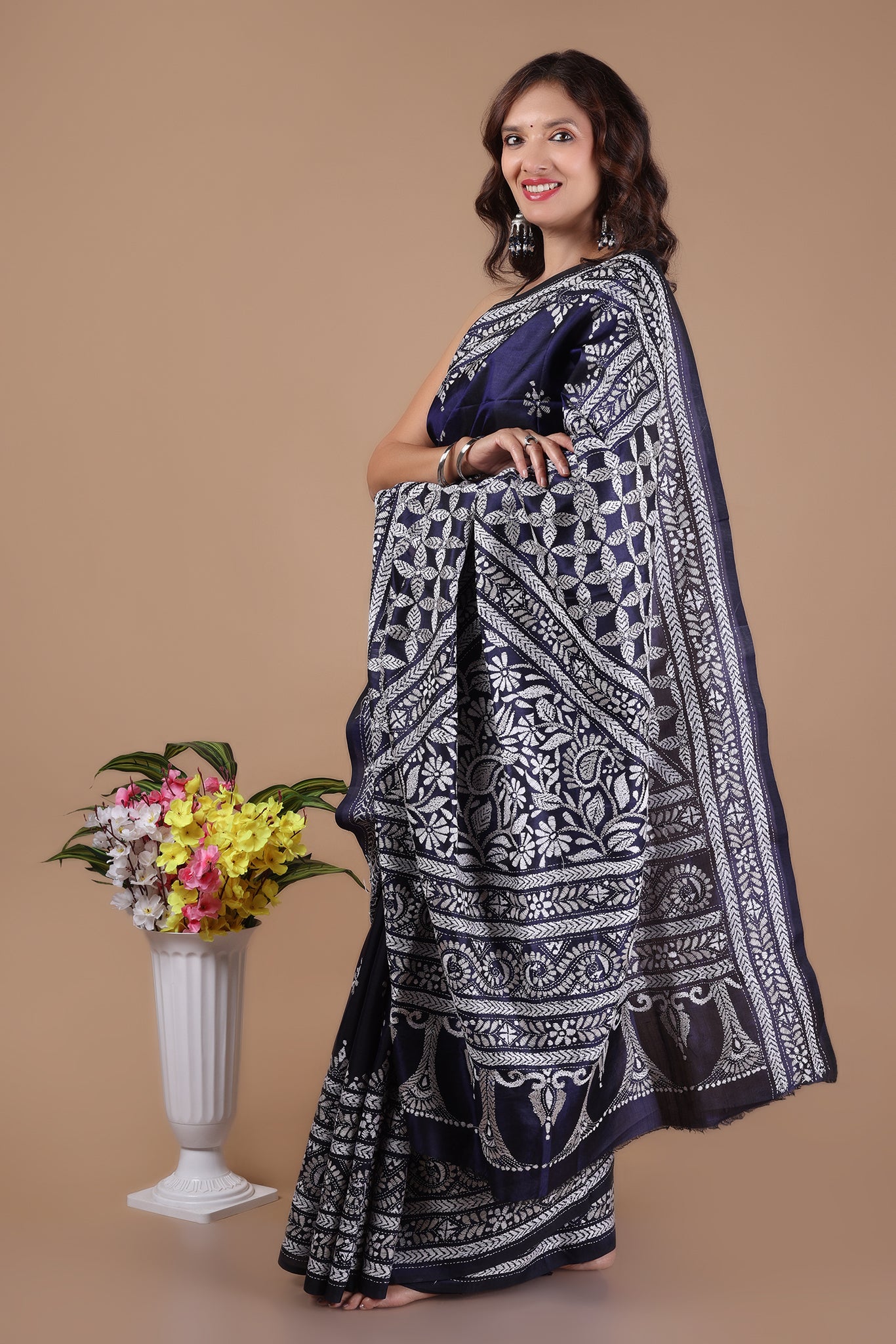 Rima - Pure Bangalore Silk Kantha Embroidery_Navy