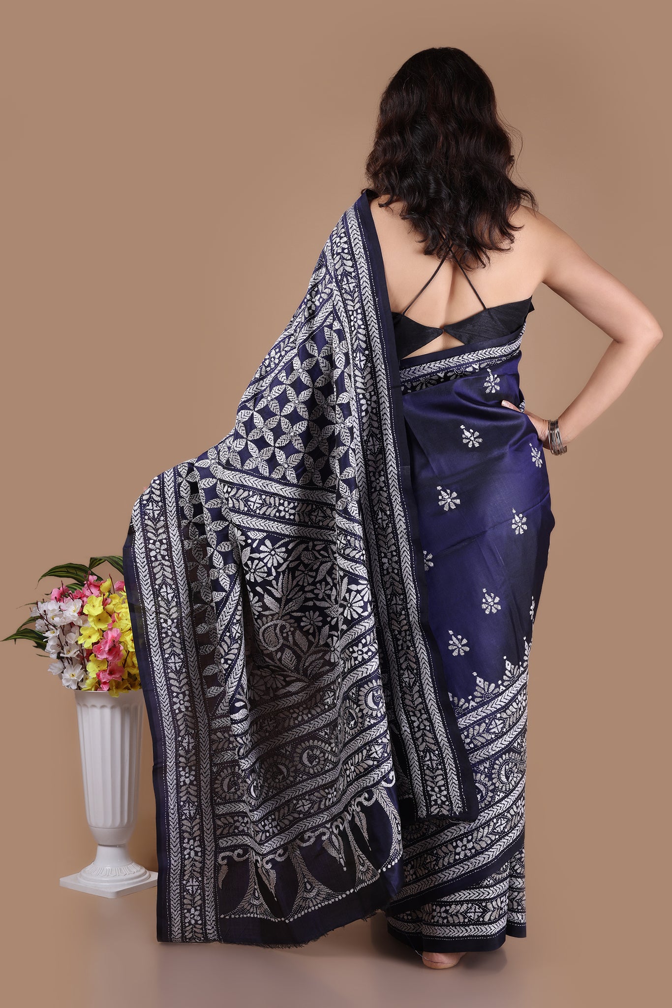 Rima - Pure Bangalore Silk Kantha Embroidery_Navy