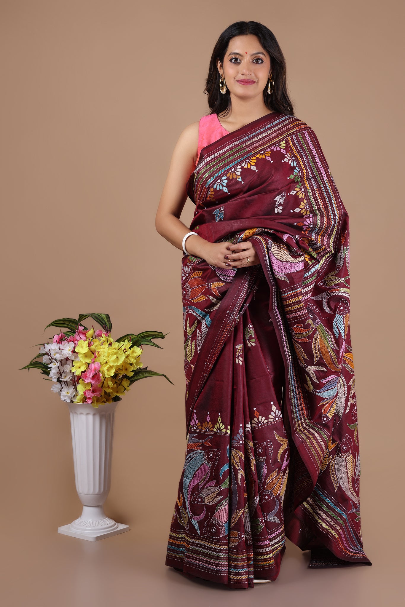 Rima - Pure Bangalore Silk Kantha Embroidery_Maroon