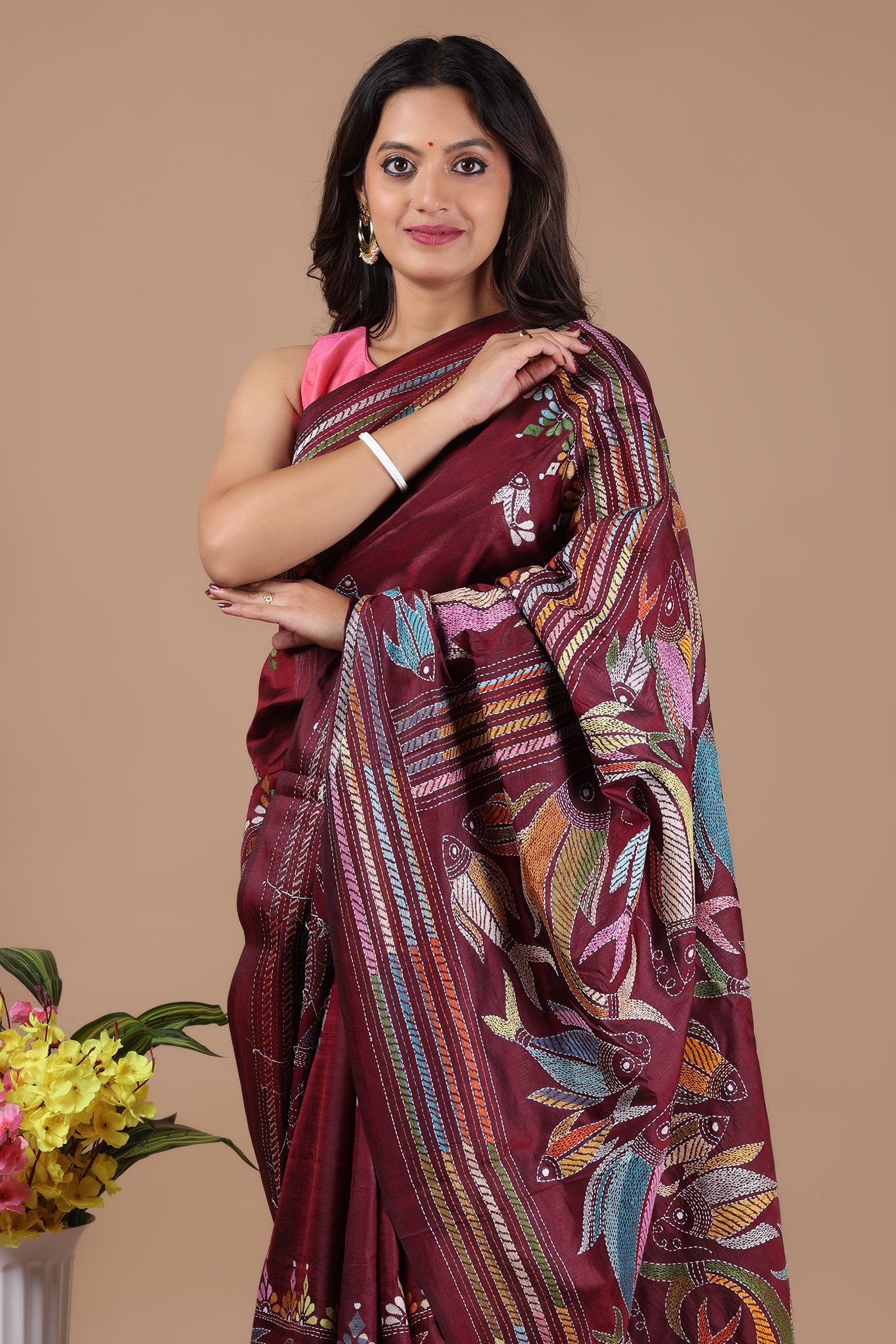 Rima - Pure Bangalore Silk Kantha Embroidery_Maroon