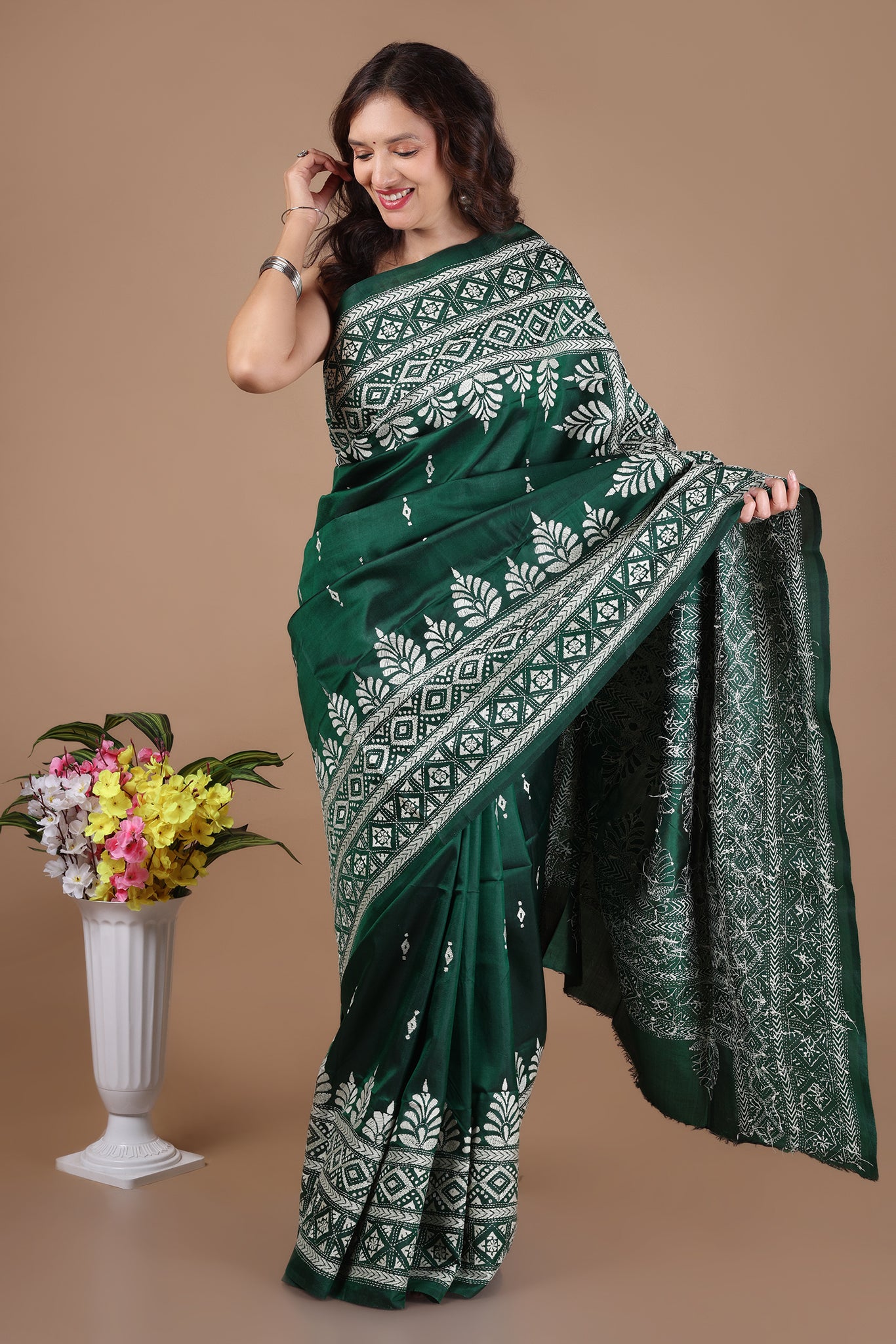 Rima - Pure Bangalore Silk Kantha Embroidery_Green