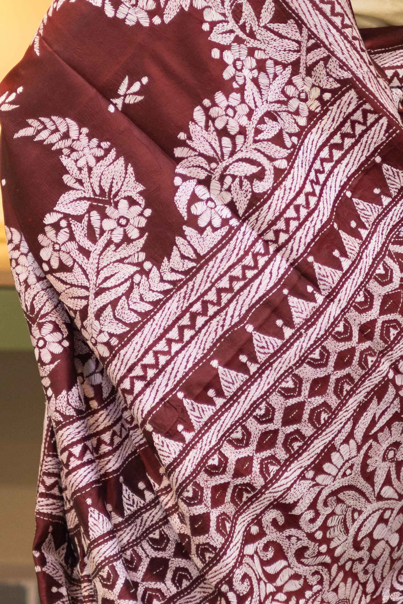 Rima - Maroon Paisley Silk Saree with kantha Embroidery