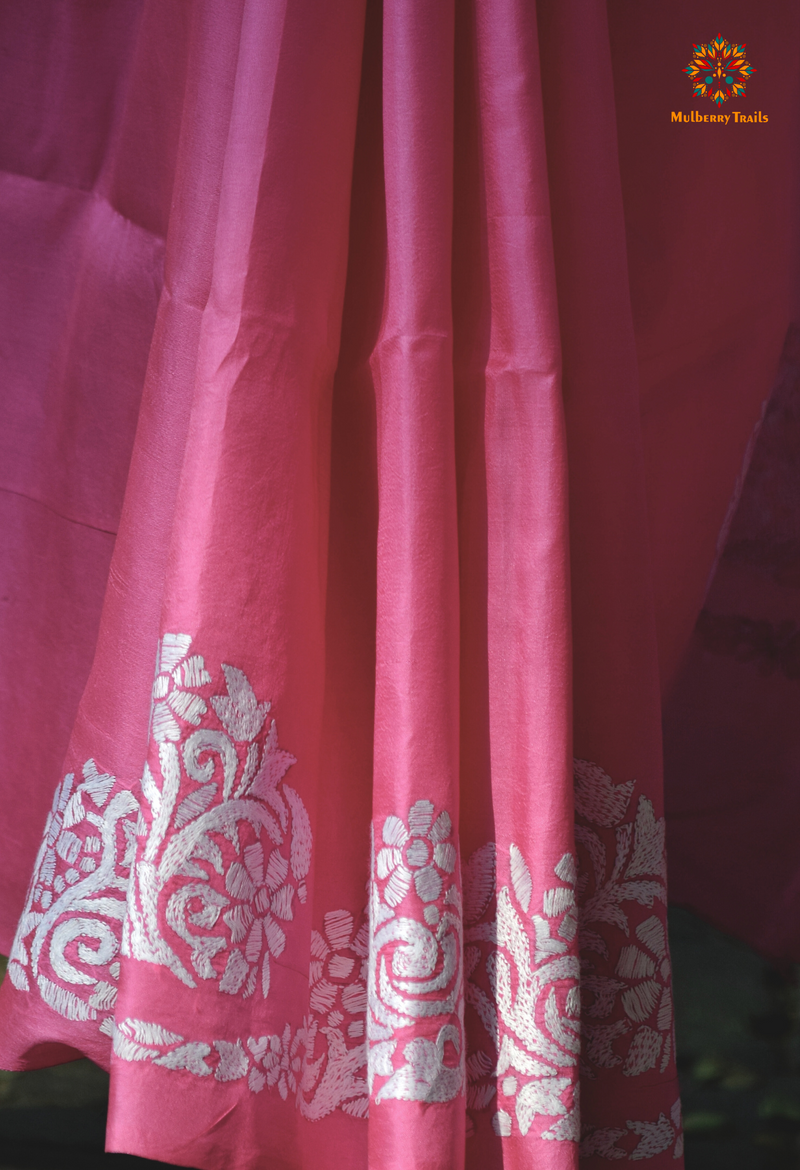 Rima - Bangalore Silk Kantha Embroidery Saree Pink