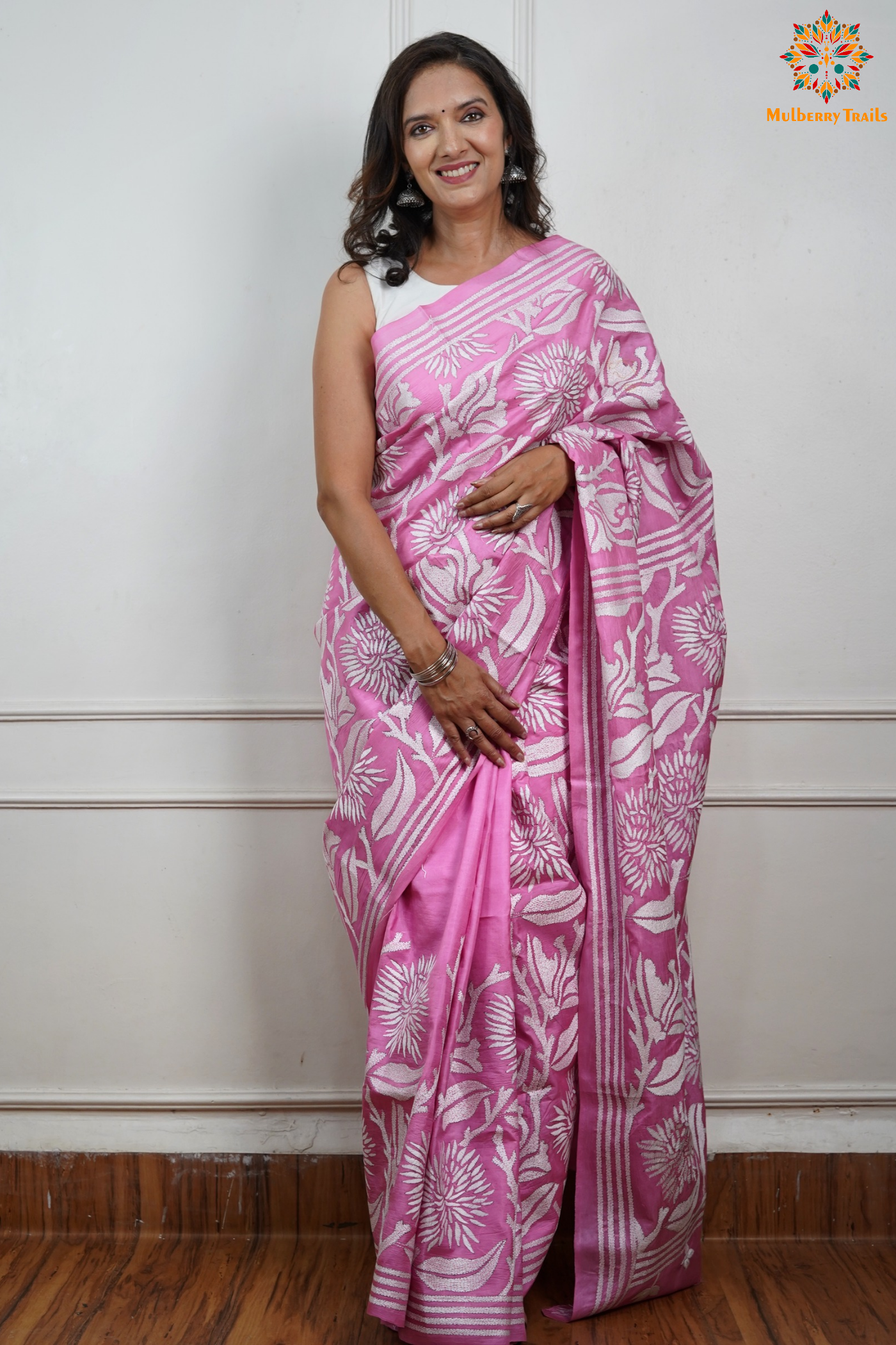 Rima - Pink Silk Saree with floral Embroidery