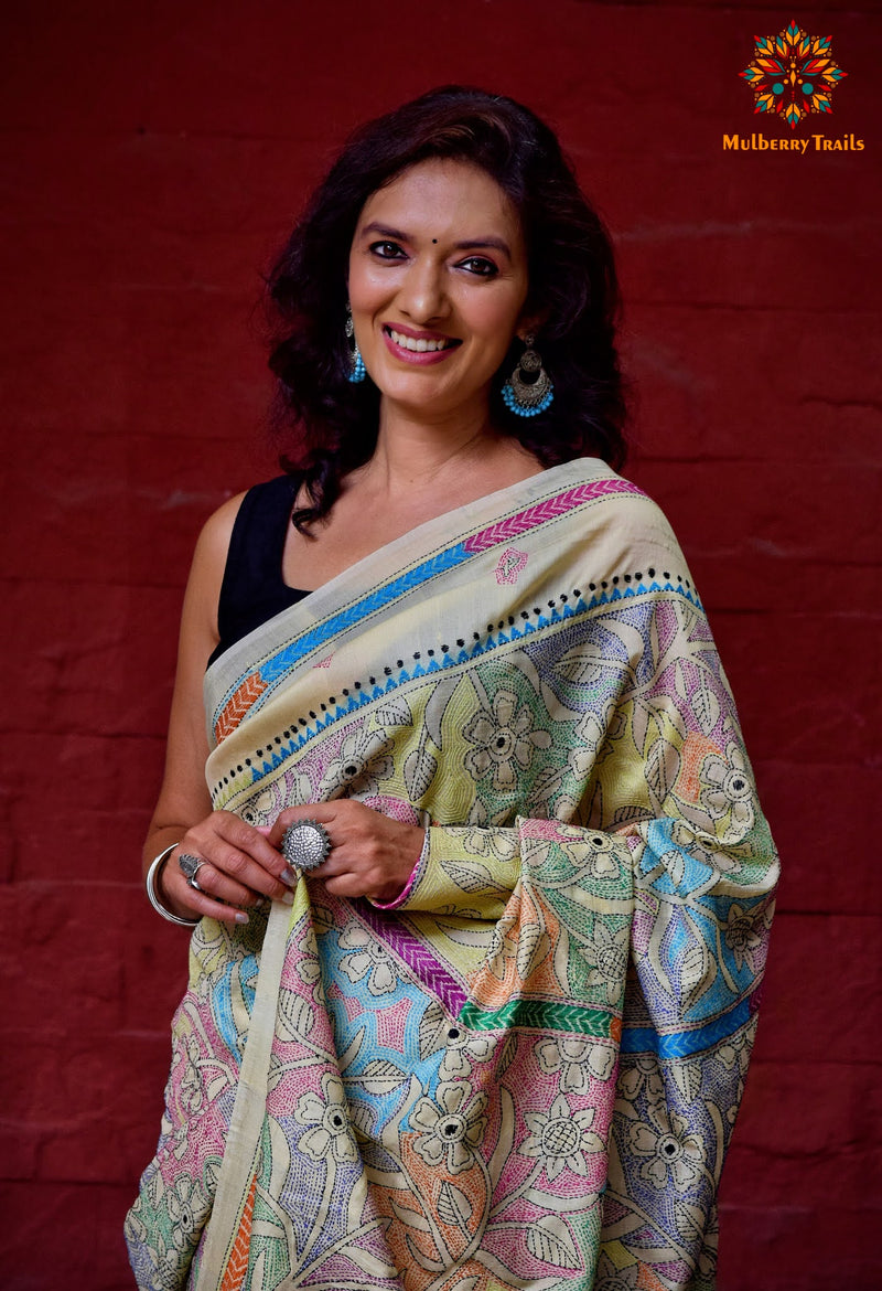 Rima: Reverse Bangalore Silk Kantha Embroidery Saree floral Motif
