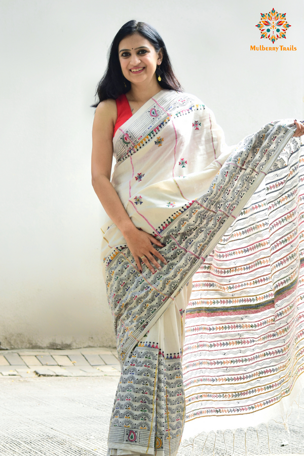 Vipas: Cotton Handloom Saree with Kantha Embroidery