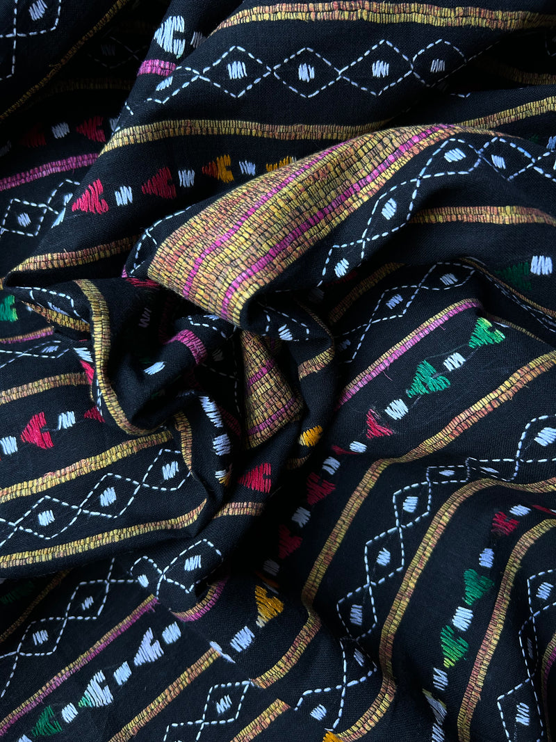 Vipas: Cotton Handloom Saree with Kantha Embroidery - Black