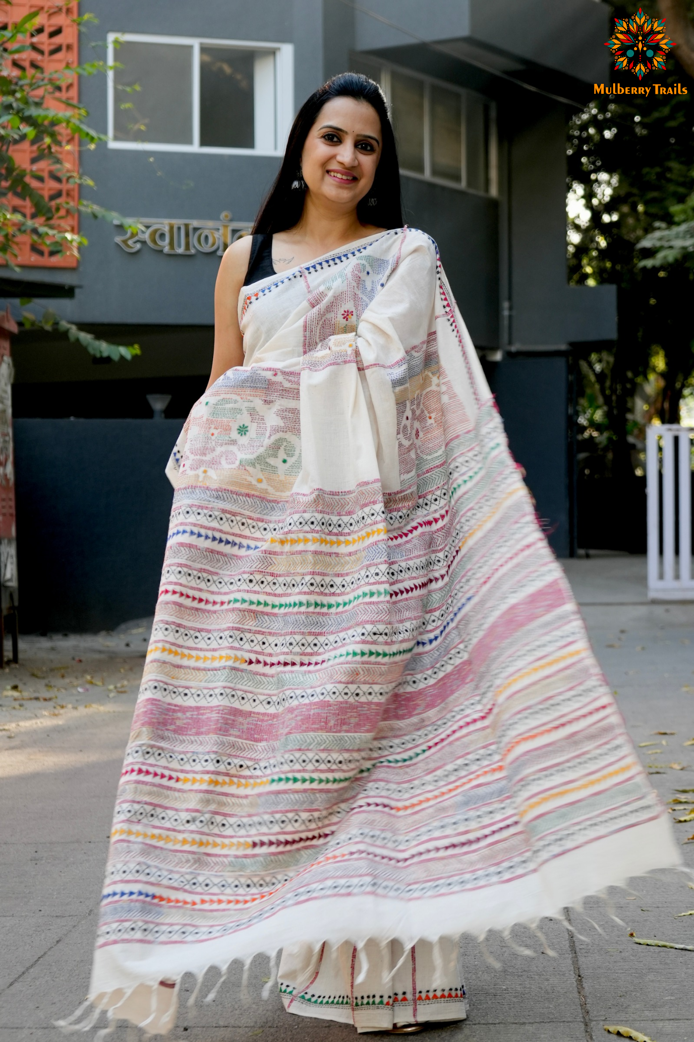 Vipas: Cotton Handloom Saree with Kantha Embroidery