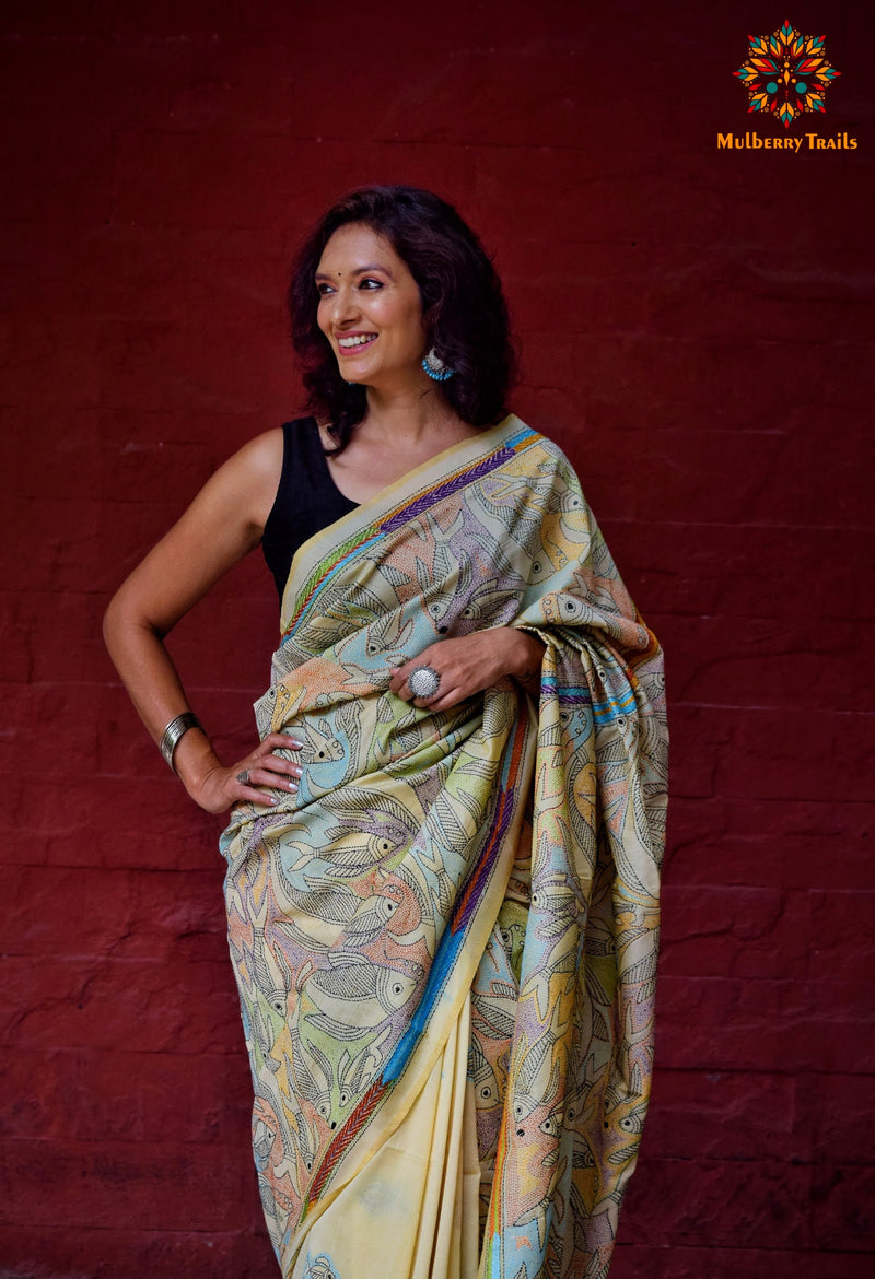 Rima: Reverse Bangalore Silk Kantha Embroidery Saree Fish Motif