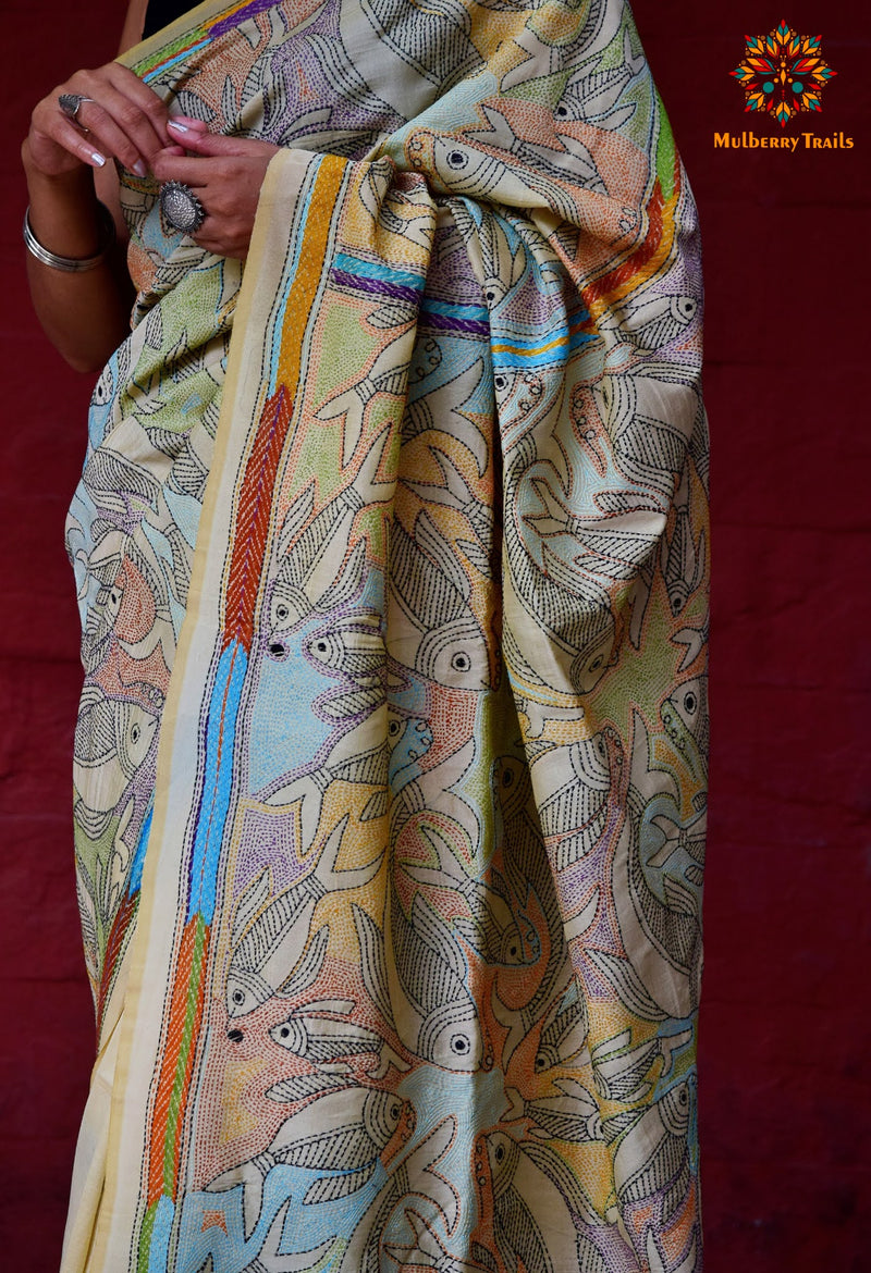 Rima: Reverse Bangalore Silk Kantha Embroidery Saree Fish Motif
