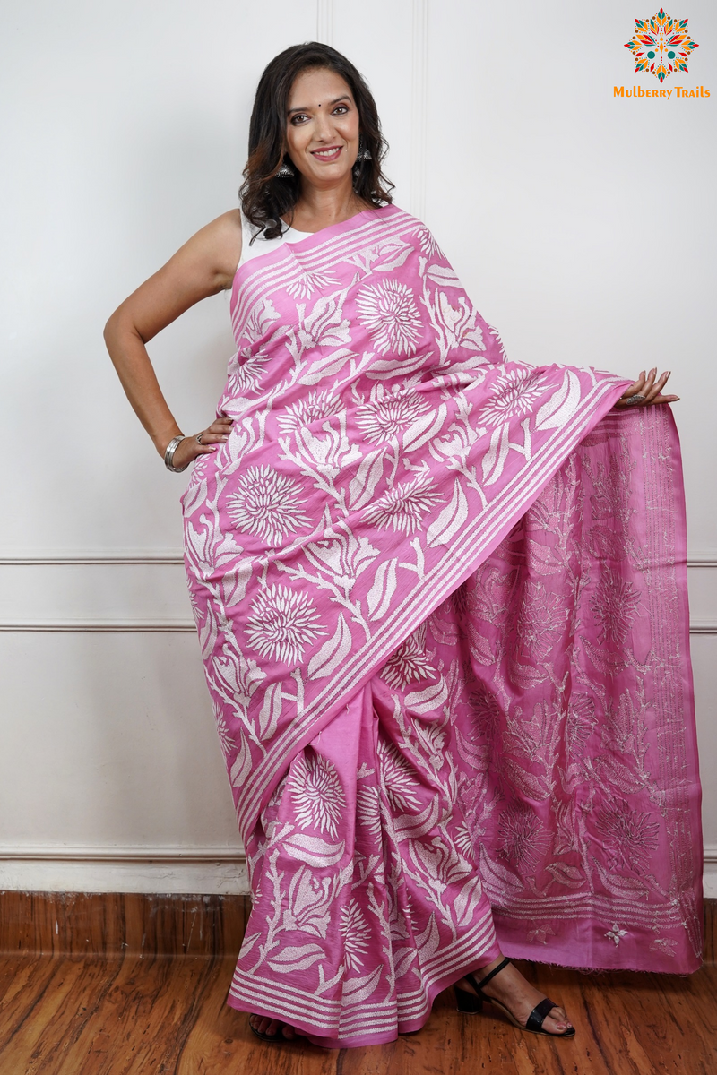 Rima - Pink Silk Saree with floral Embroidery