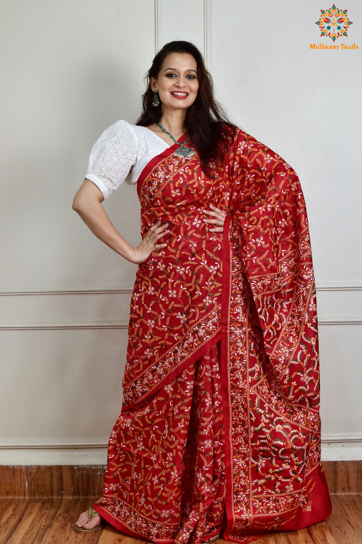 Rima - Tomato Red Silk Saree with floral Embroidery