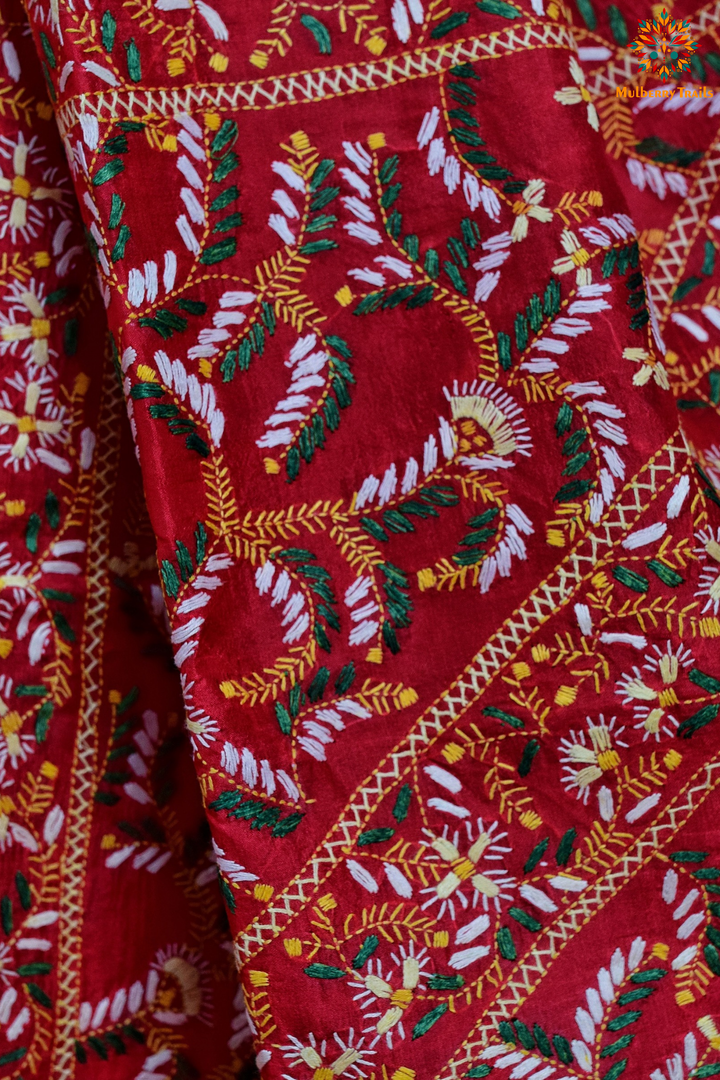 Rima - Tomato Red Silk Saree with floral Embroidery