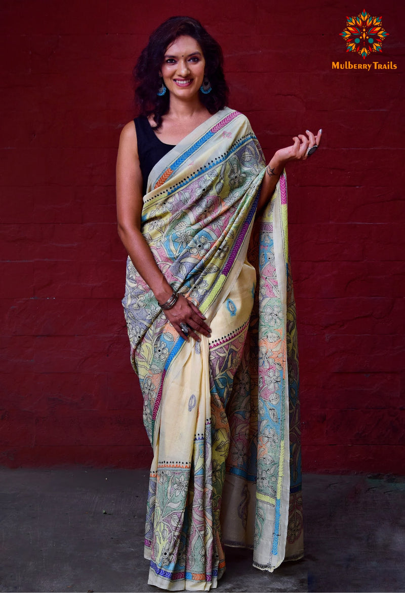 Rima: Reverse Bangalore Silk Kantha Embroidery Saree floral Motif