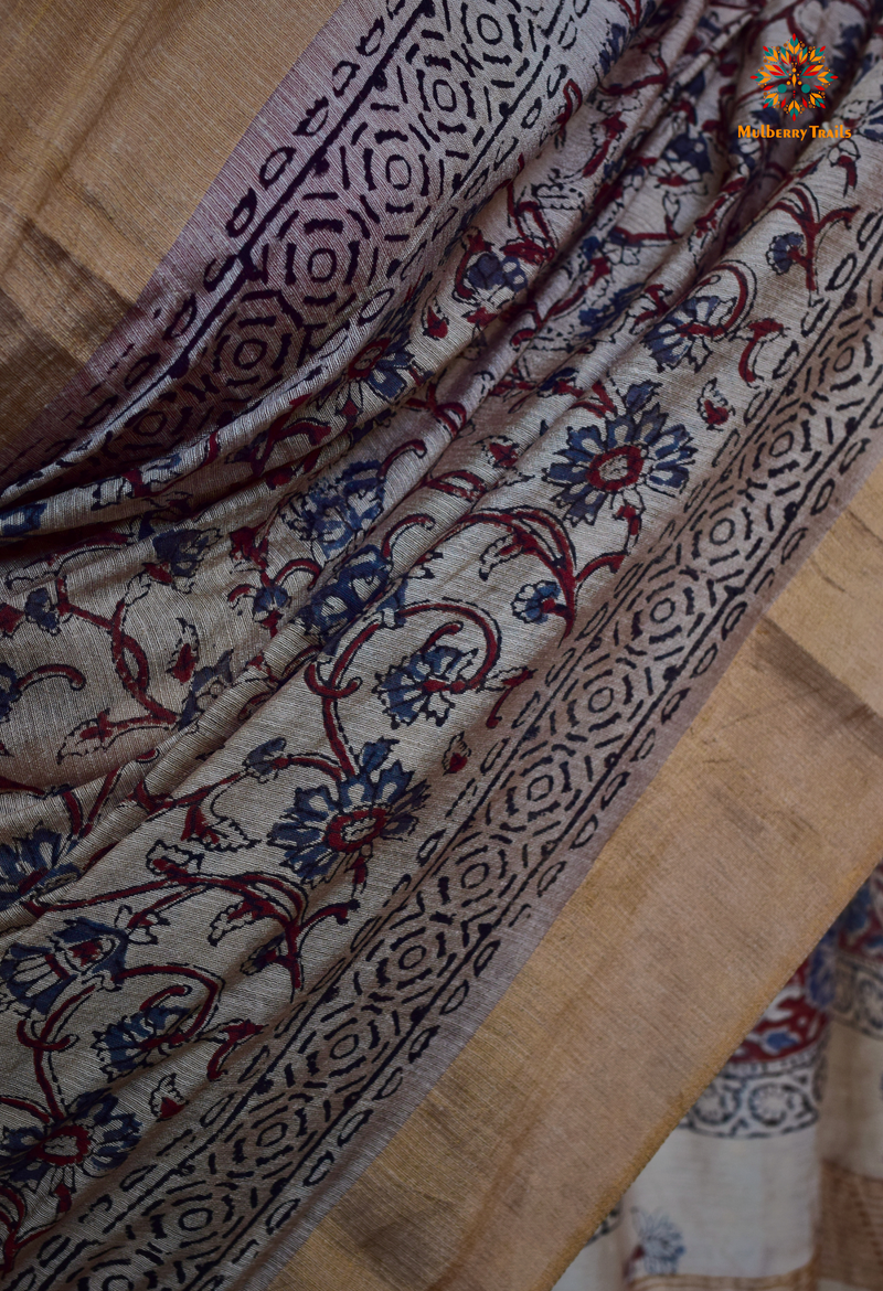 Ipsita: Block printed Cotton Silk Saree- Beige Floral