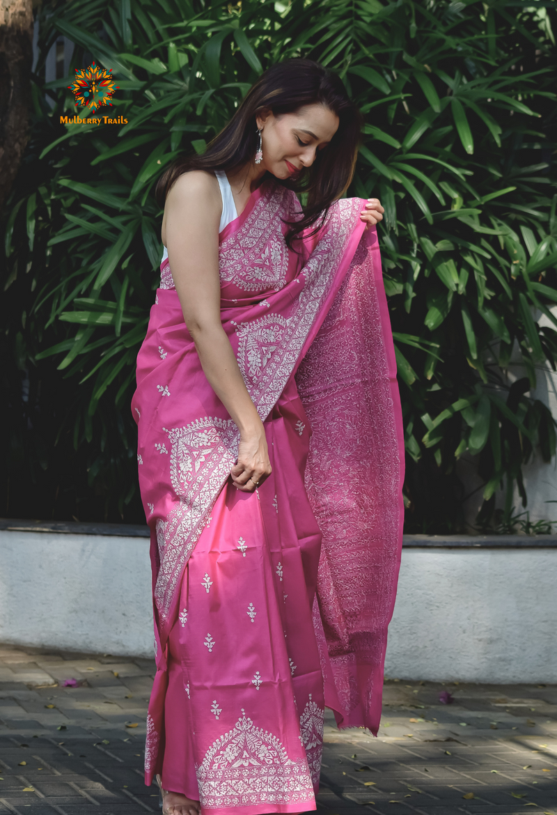 Rima - Bangalore Silk Kantha Embroidery Saree Pink