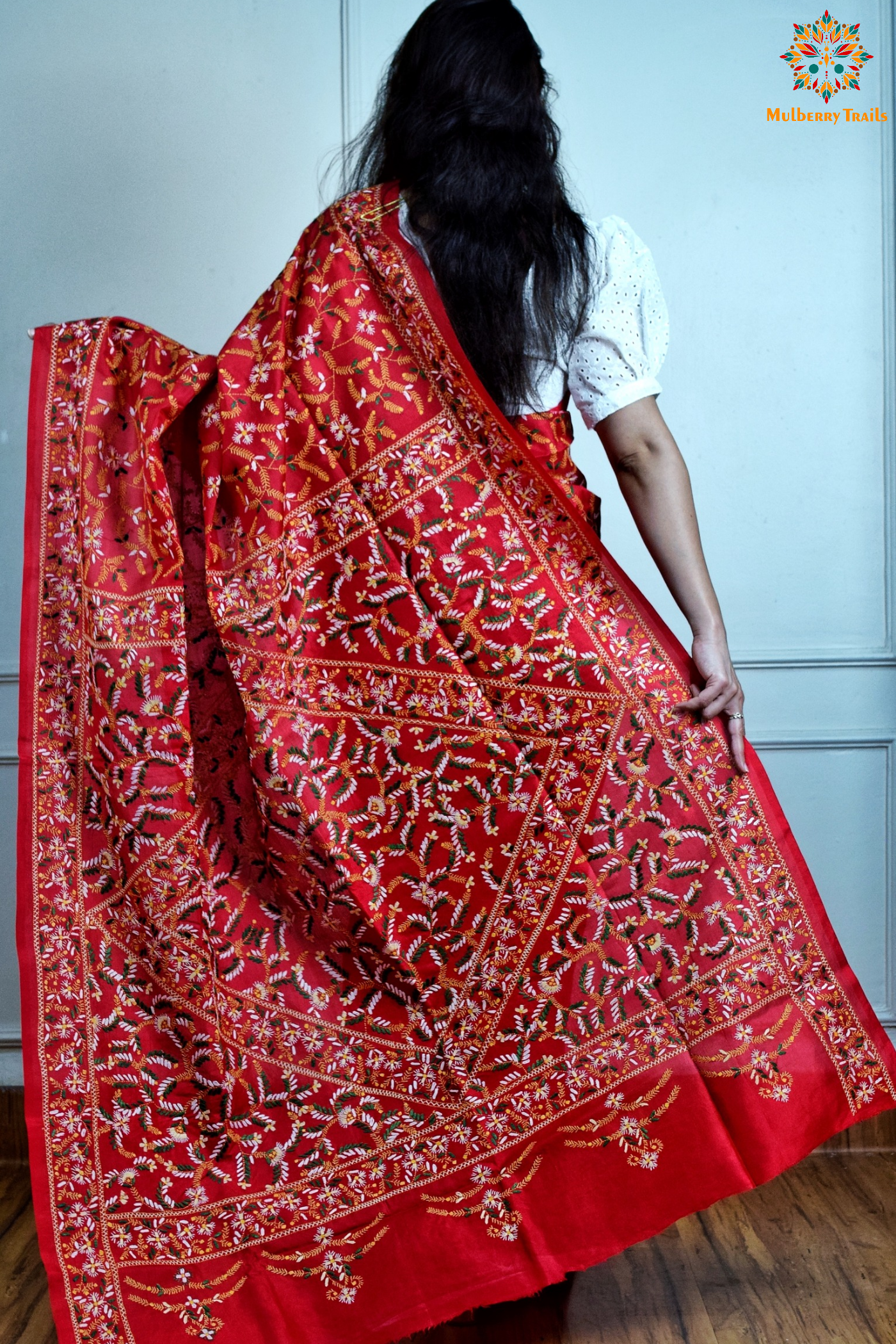 Rima - Tomato Red Silk Saree with floral Embroidery