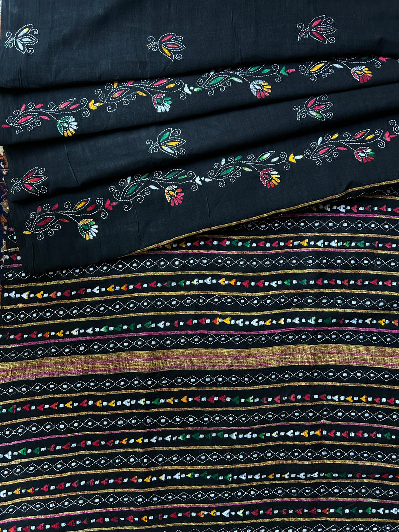 Vipas: Cotton Handloom Saree with Kantha Embroidery - Black