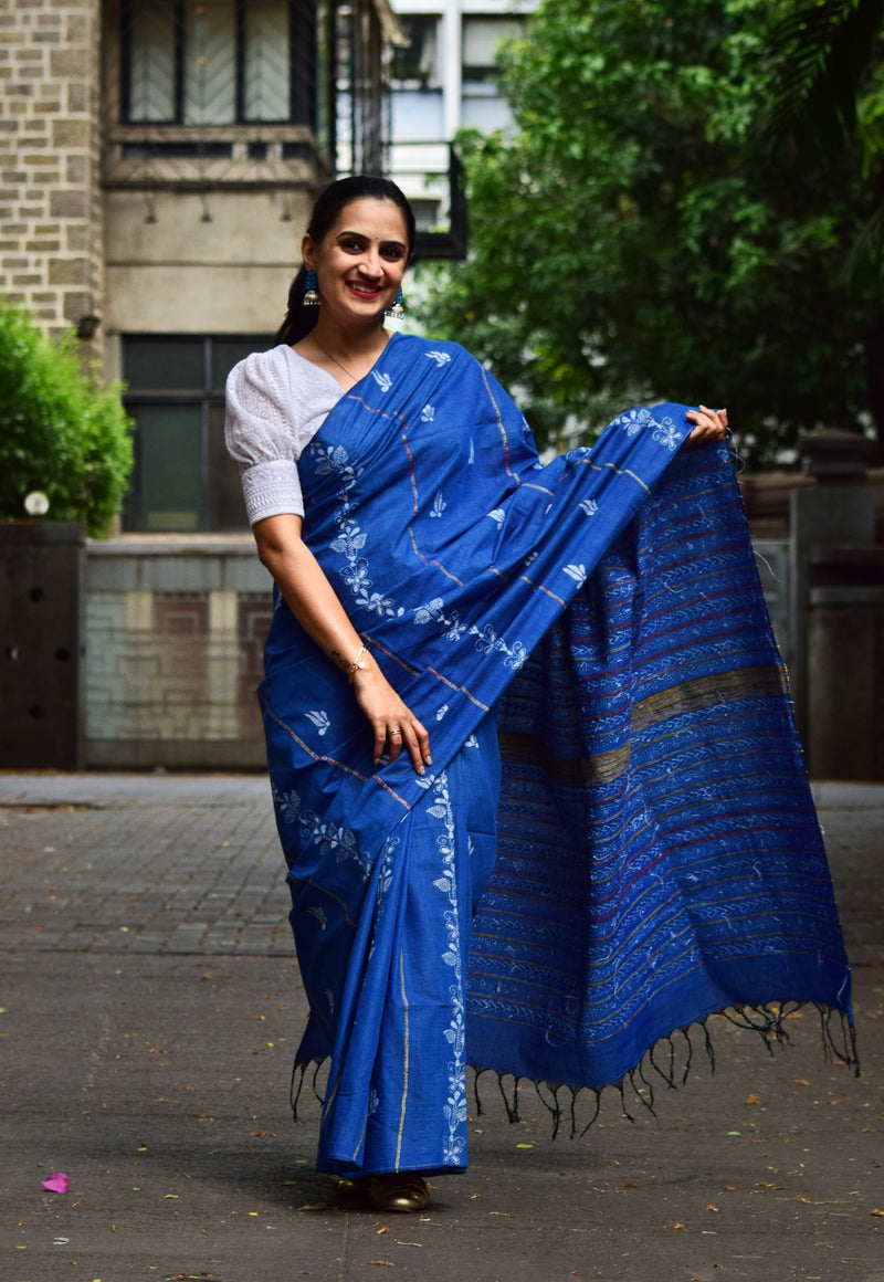 Vipas: Cotton Handloom Saree with Kantha Embroidery