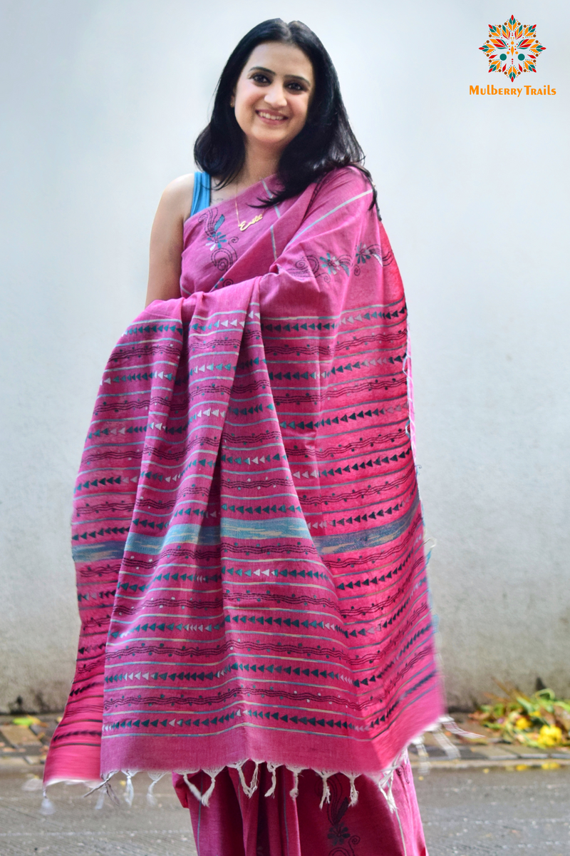 Vipas: Cotton Handloom Saree with Kantha Embroidery