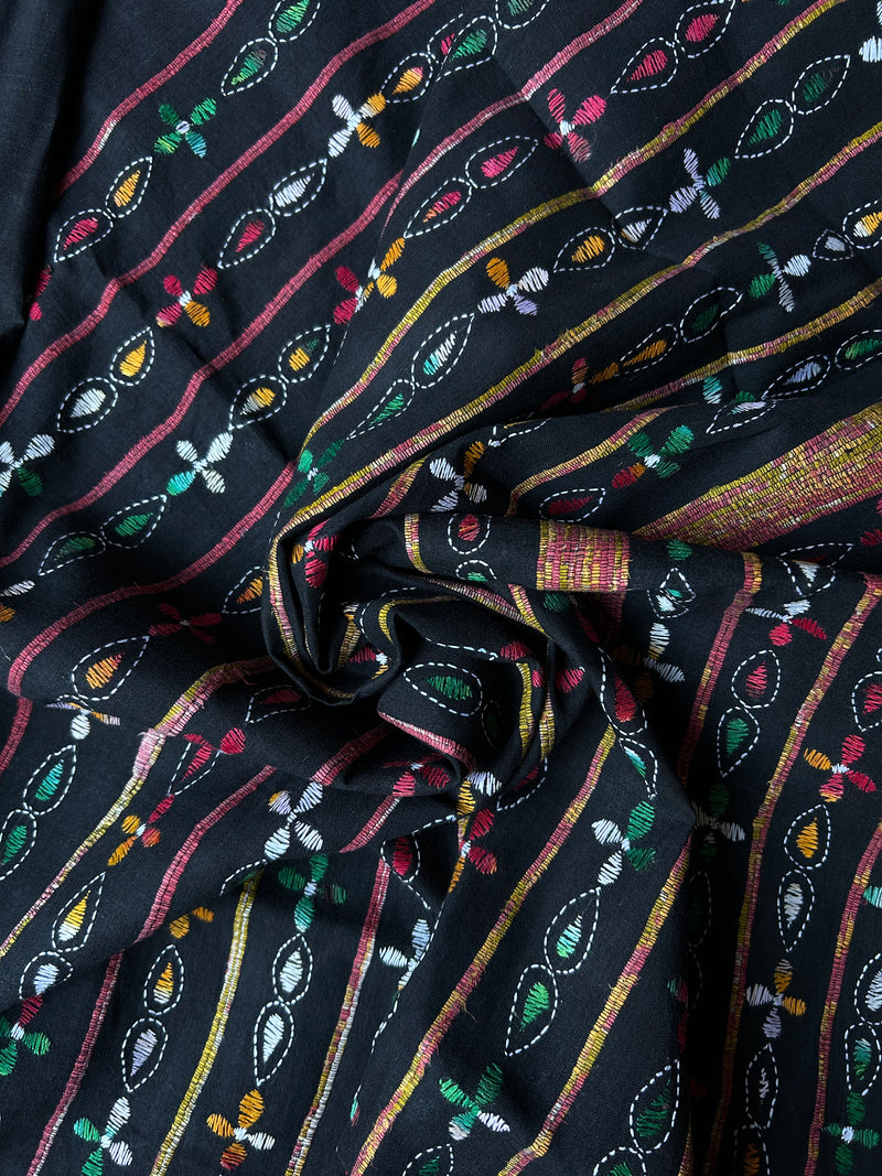 Vipas: Cotton Handloom Saree with Kantha Embroidery - Black