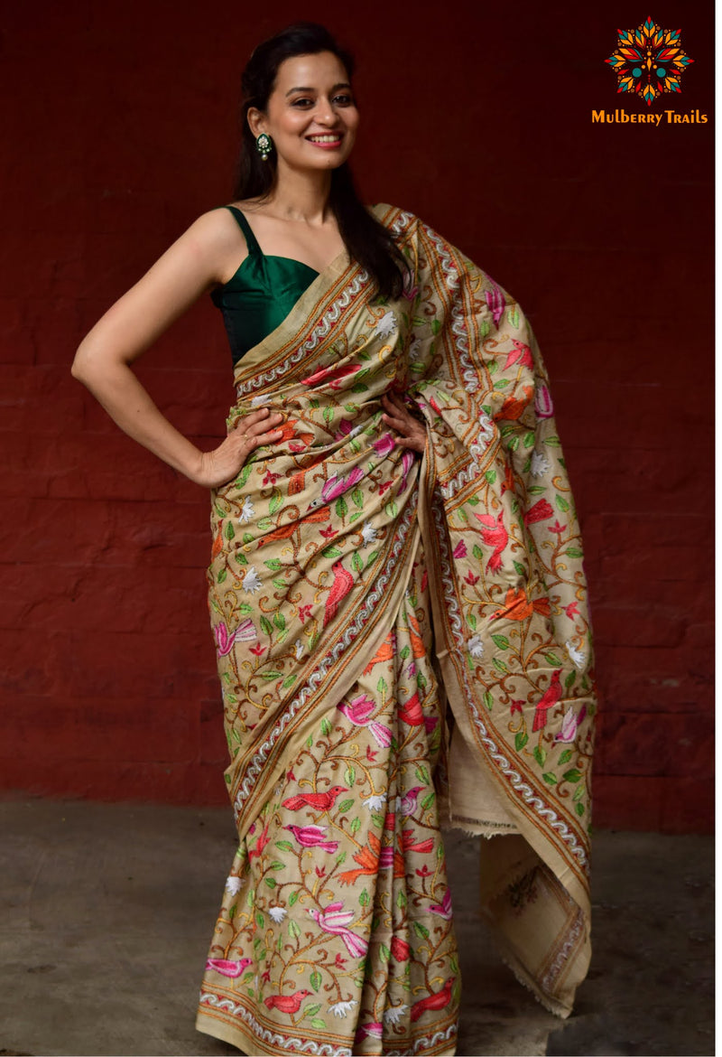 Rima - Pure Ghhachi Tusser Silk Pakhi Embroidery Saree